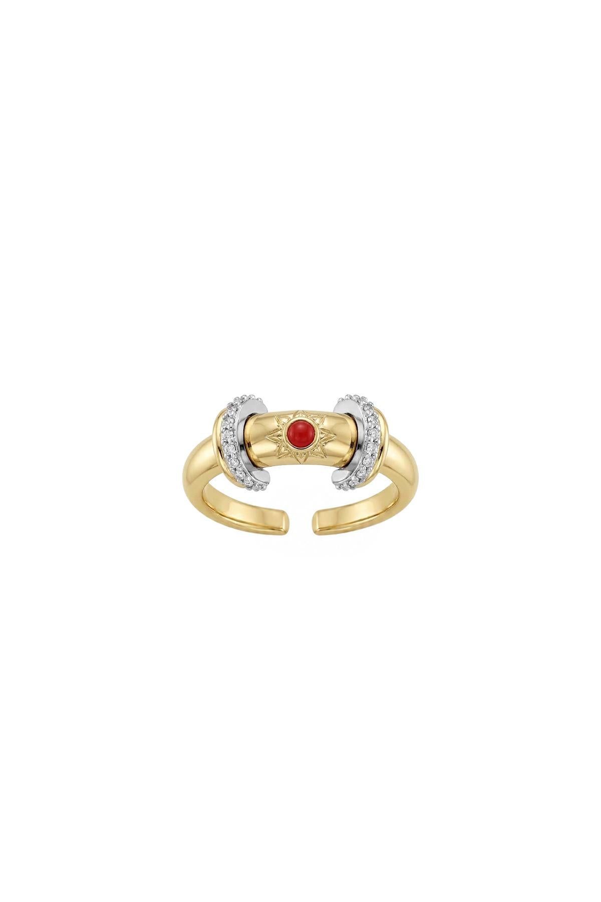 Charm Collection Renkli Taşlı Zirkon Detaylı Çelik Üzeri Altın Kaplama Yüzük ( Ayarlanabilir )