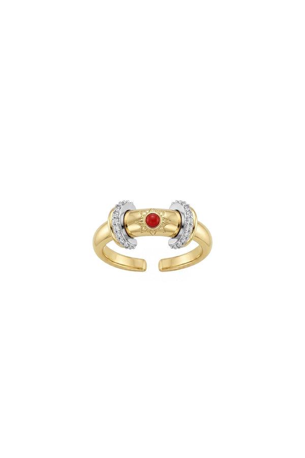 Charm Collection Renkli Taşlı Zirkon Detaylı Çelik Üzeri Altın Kaplama Yüzük ( Ayarlanabilir )