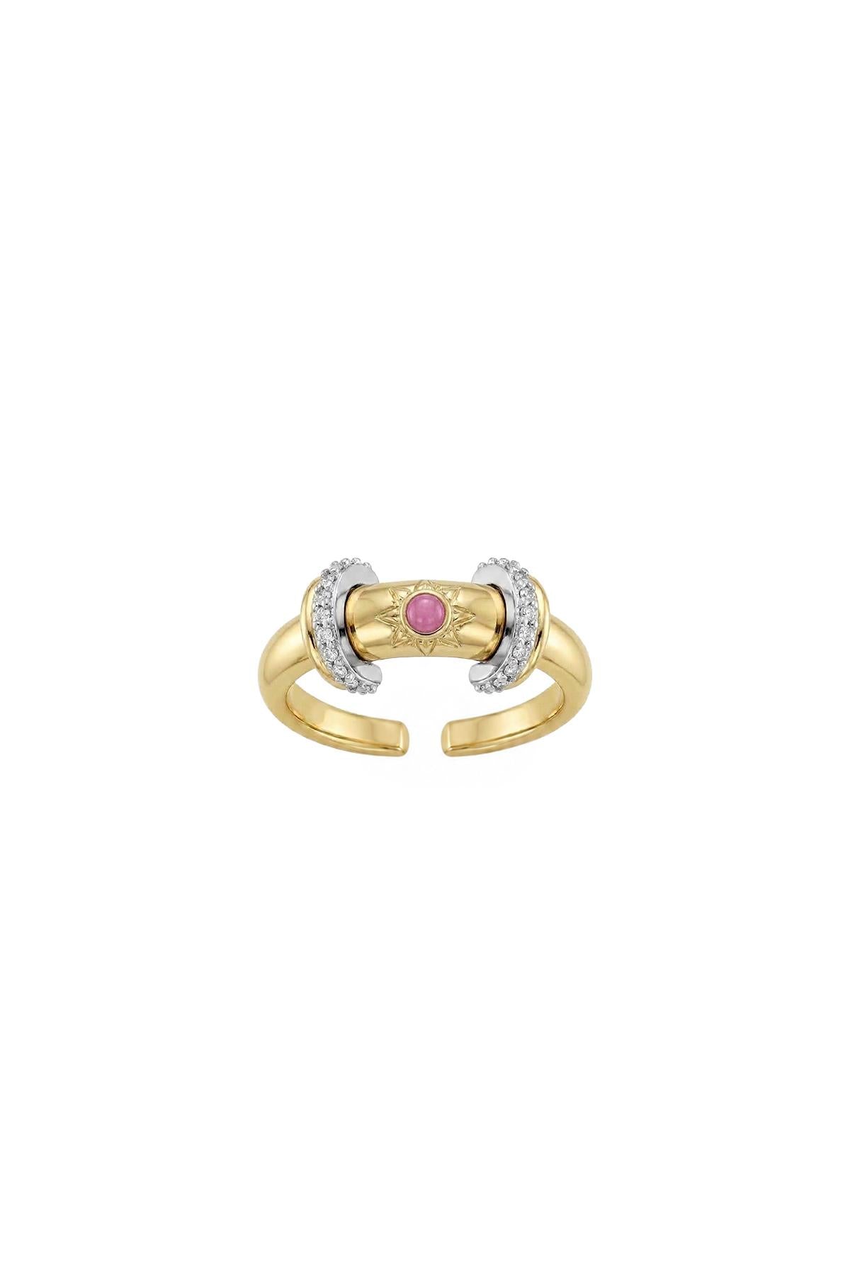 Charm Collection Renkli Taşlı Zirkon Detaylı Çelik Üzeri Altın Kaplama Yüzük ( Ayarlanabilir )