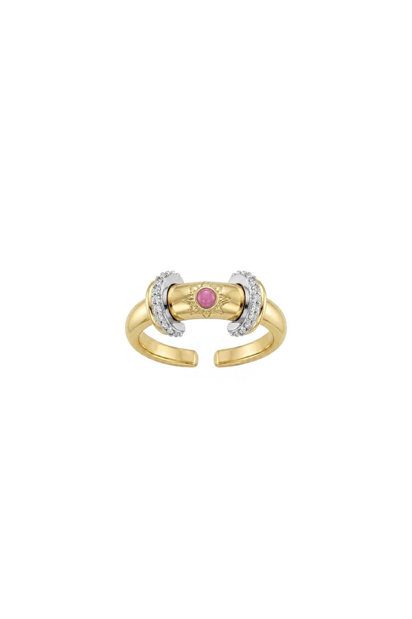 Charm Collection Renkli Taşlı Zirkon Detaylı Çelik Üzeri Altın Kaplama Yüzük ( Ayarlanabilir )