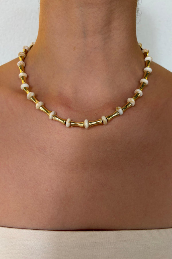 Bamboo Collection Krem Boncuk Detaylı Metal Kolye - Gold