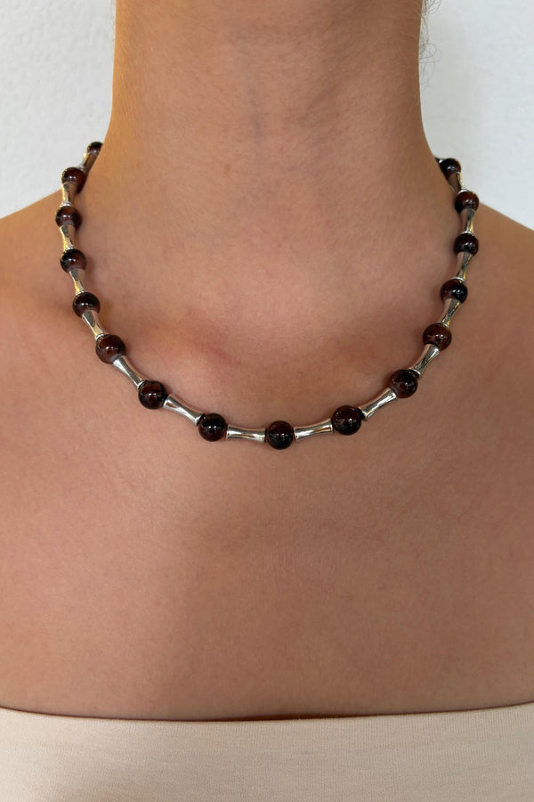 Bamboo Collection Kahverengi Boncuk Detaylı Metal Kolye - Gümüş