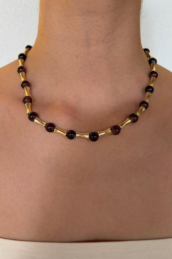 Bamboo Collection Kahverengi Boncuk Detaylı Metal Kolye - Gold