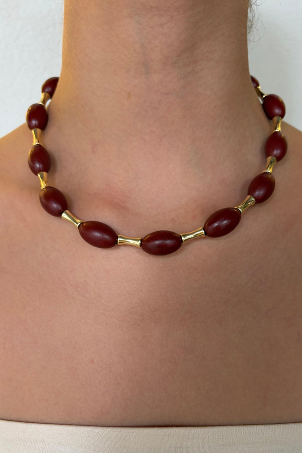 Sienna Collection Ahşap Oval Boncuklu Gold Detaylı Kolye