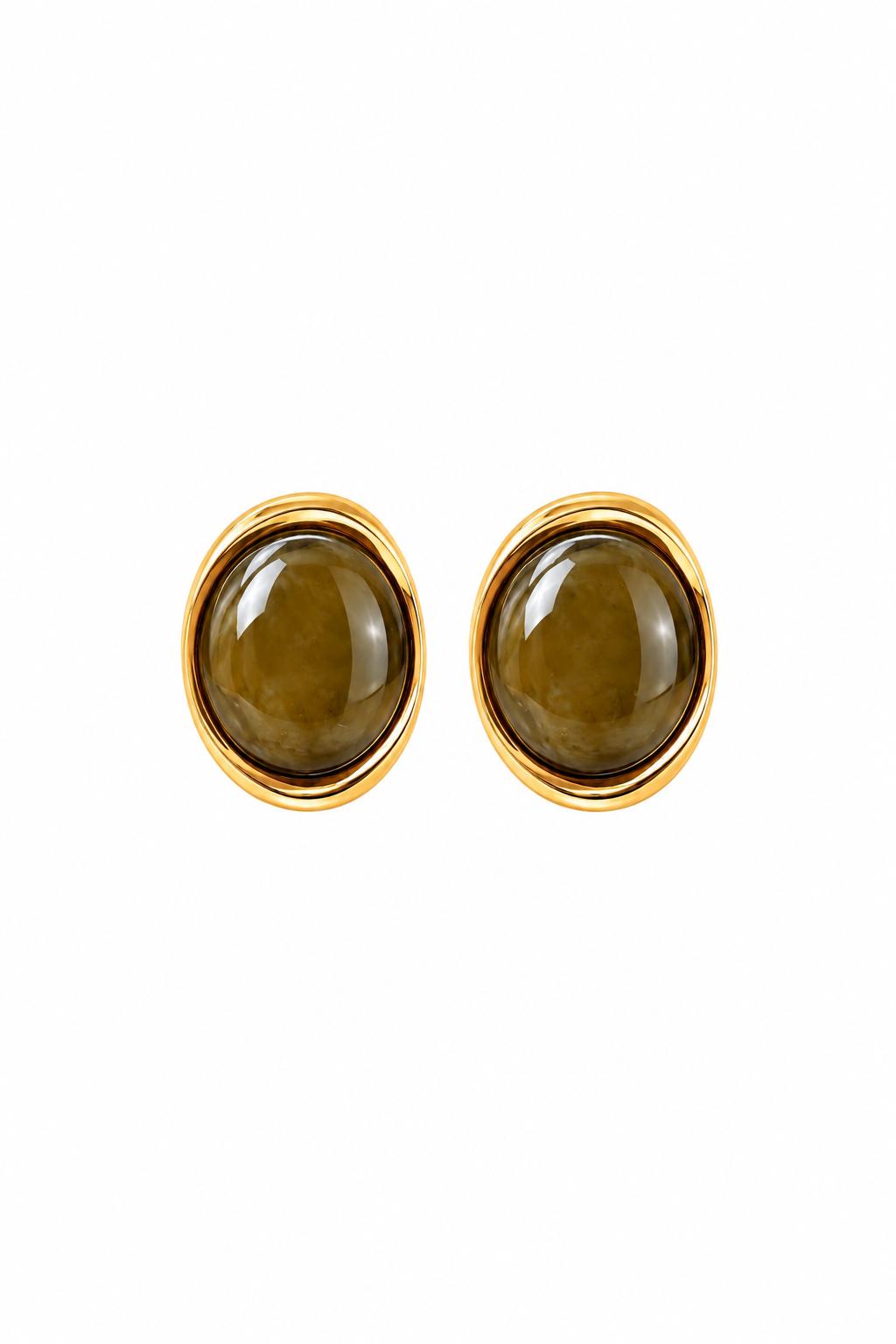 Çelik Riva Oval Taşlı Gold Küpe