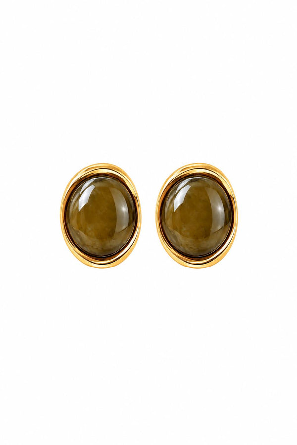 Çelik Riva Oval Taşlı Gold Küpe