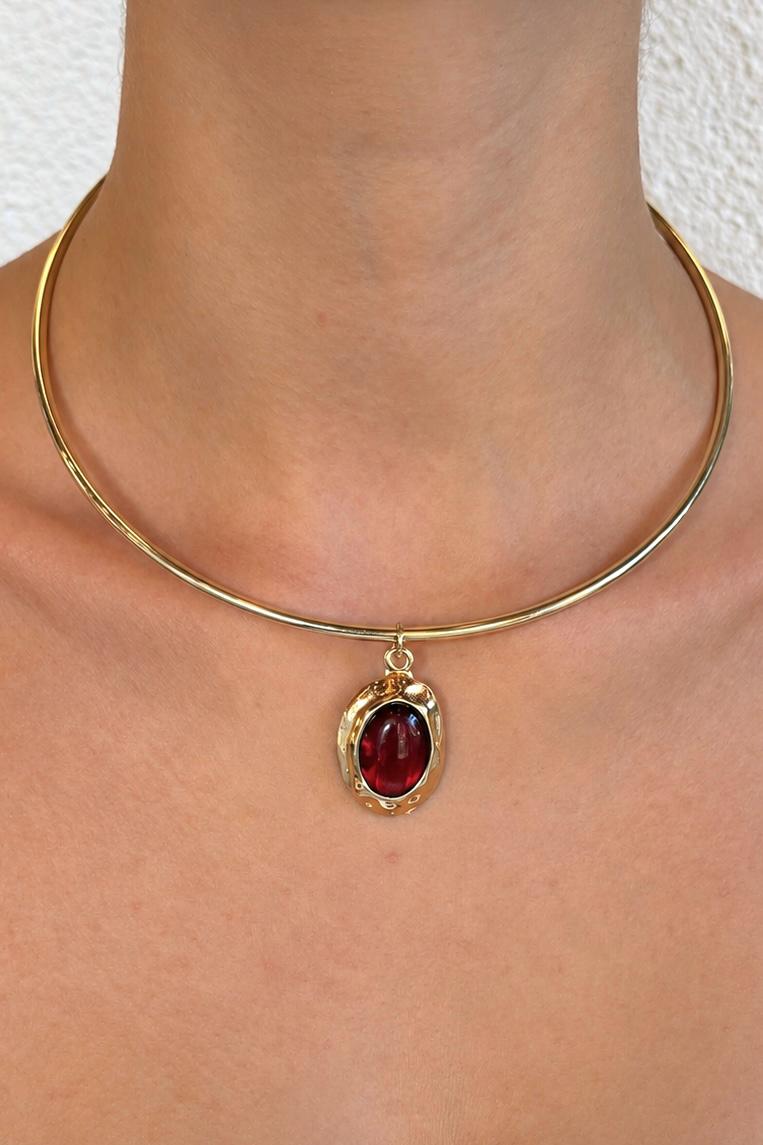 Çelik Üzeri Altın Kaplama Merlot Bordo Taşlı Choker Kolye