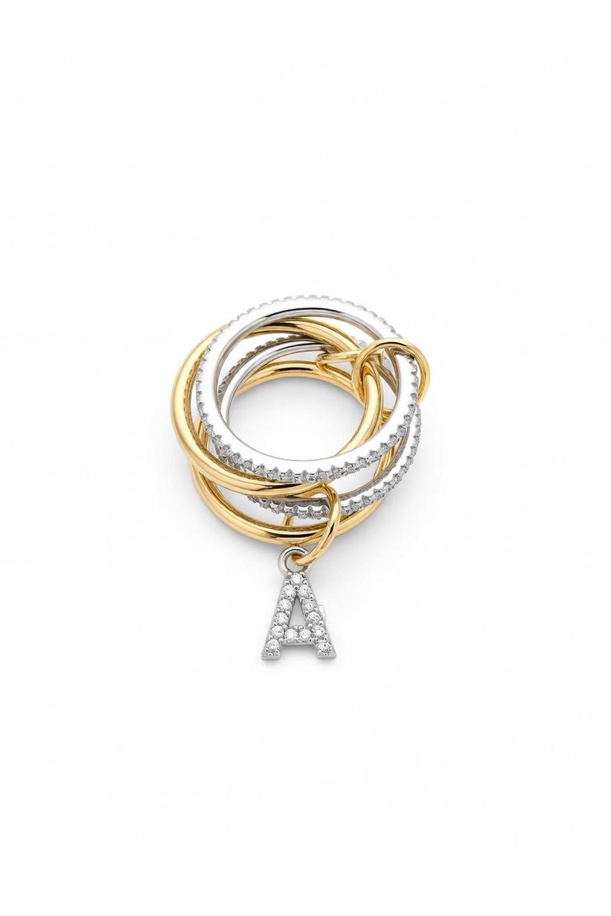 14K Çelik Üzeri Altın Kaplama 4 Sıralı Gold Gümüş Harfli Spiral Yüzük 16(8) Numara