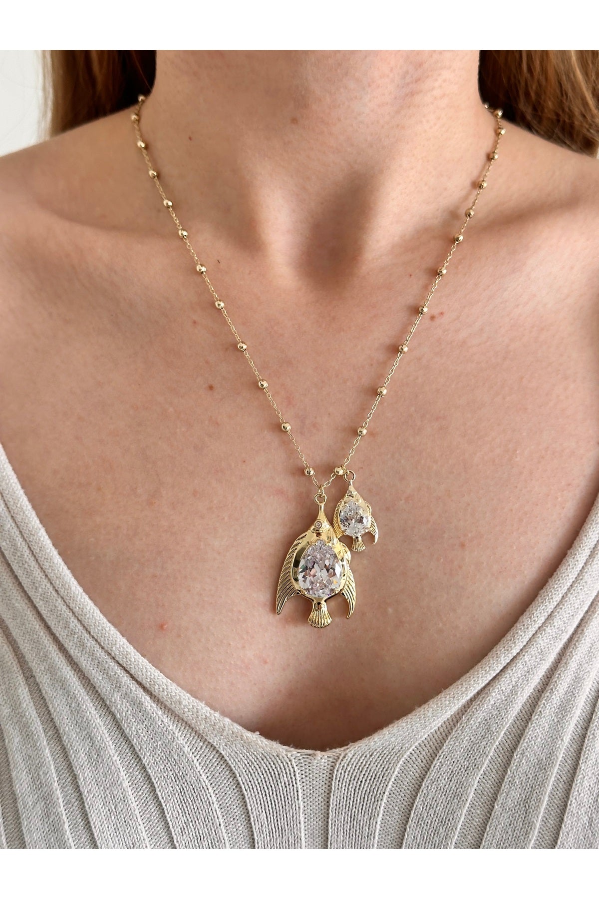 14K Çelik Üzeri Altın Kaplama Kristal Taş İkili Balık Kolye