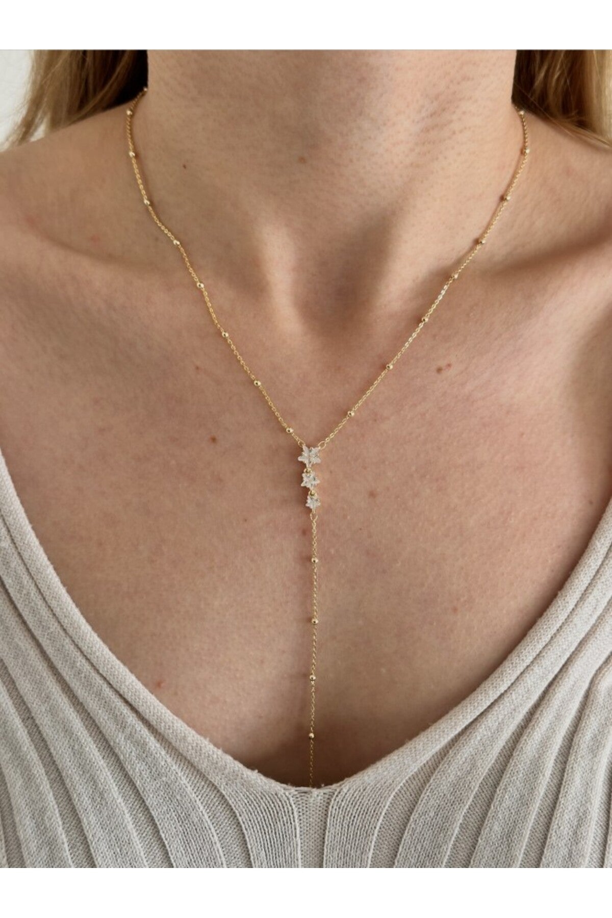 14K Çelik Üzeri Altın Kaplama Kristal Taş Yıldız Y Kolye