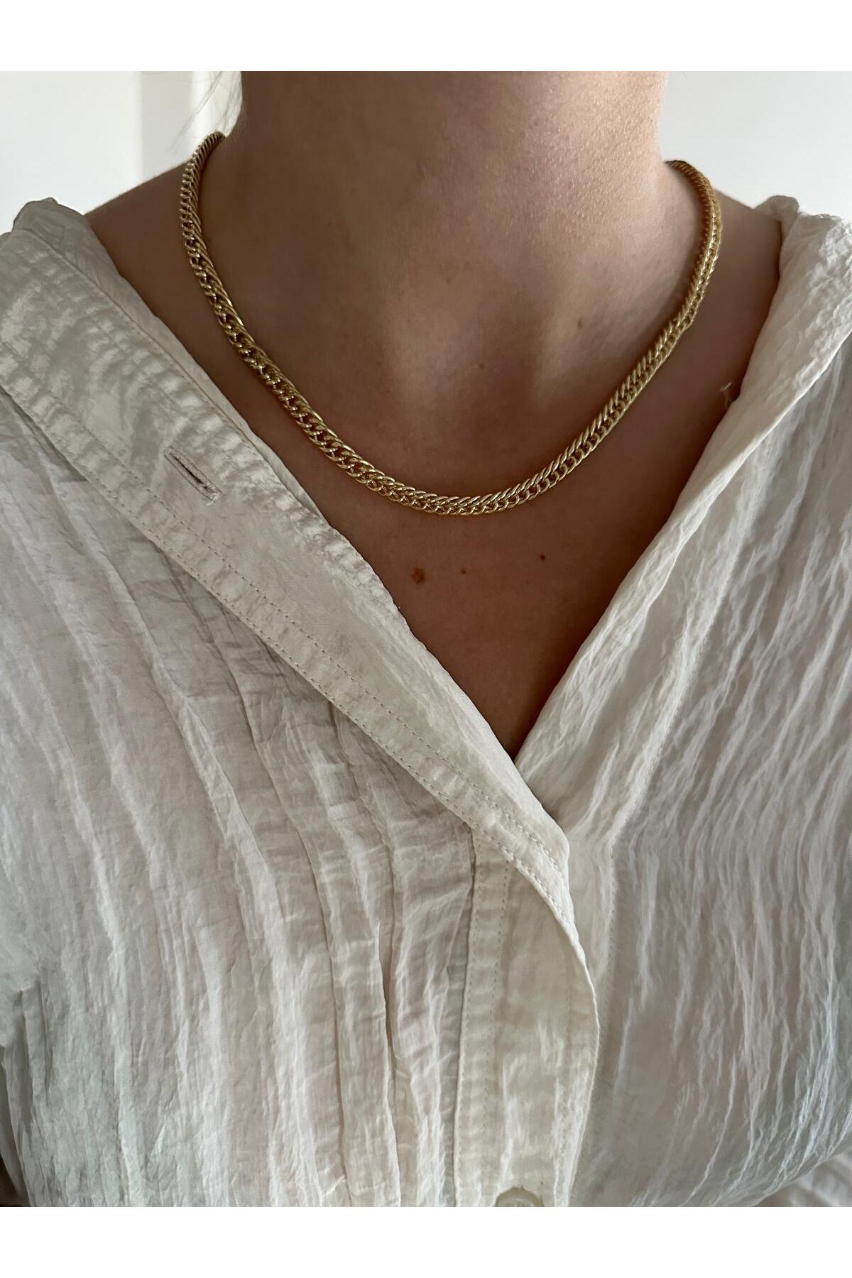 14K Çelik Üzeri Altın Kaplama Örgü Zincir Kolye