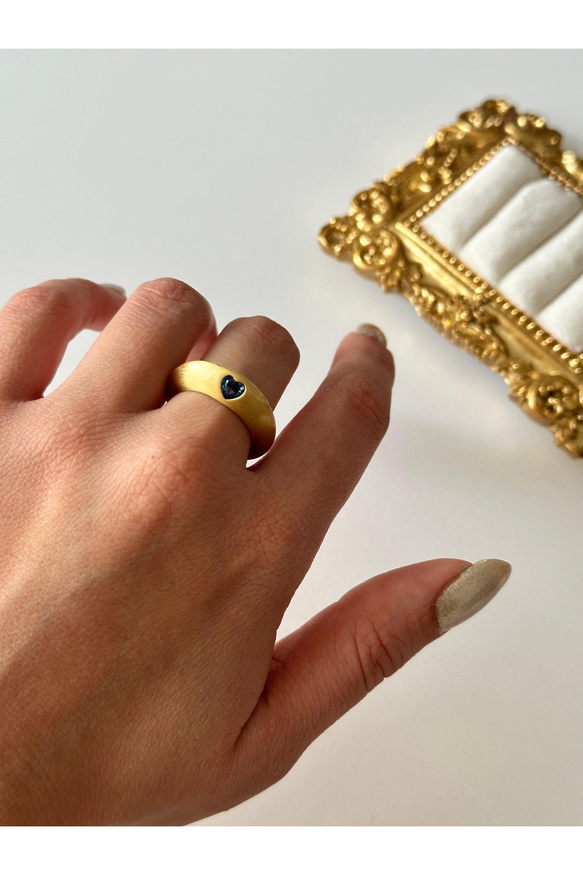 Çelik mat mavi kalp detay yüzük ayarlanabilir