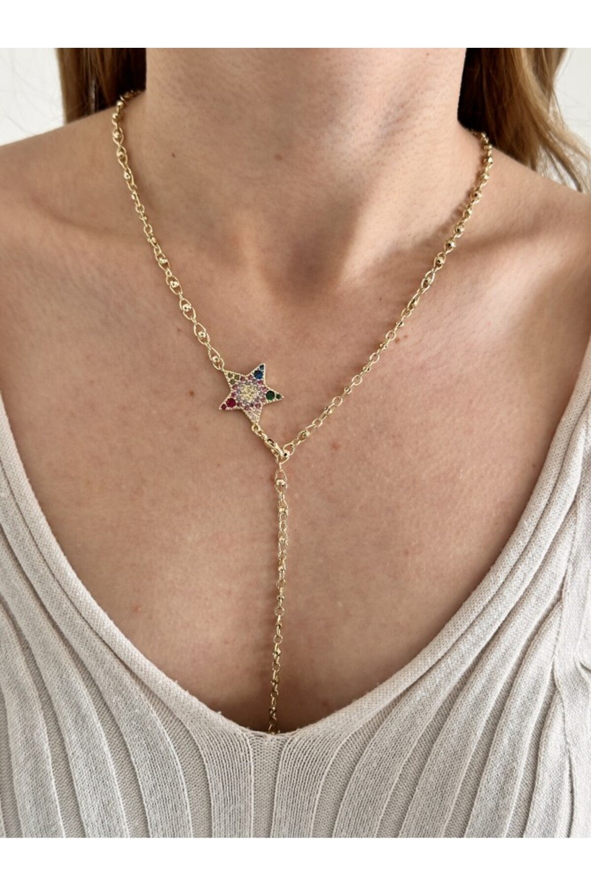 14K Çelik Üzeri Altın Kaplama Renkli Yıldız Y Kolye