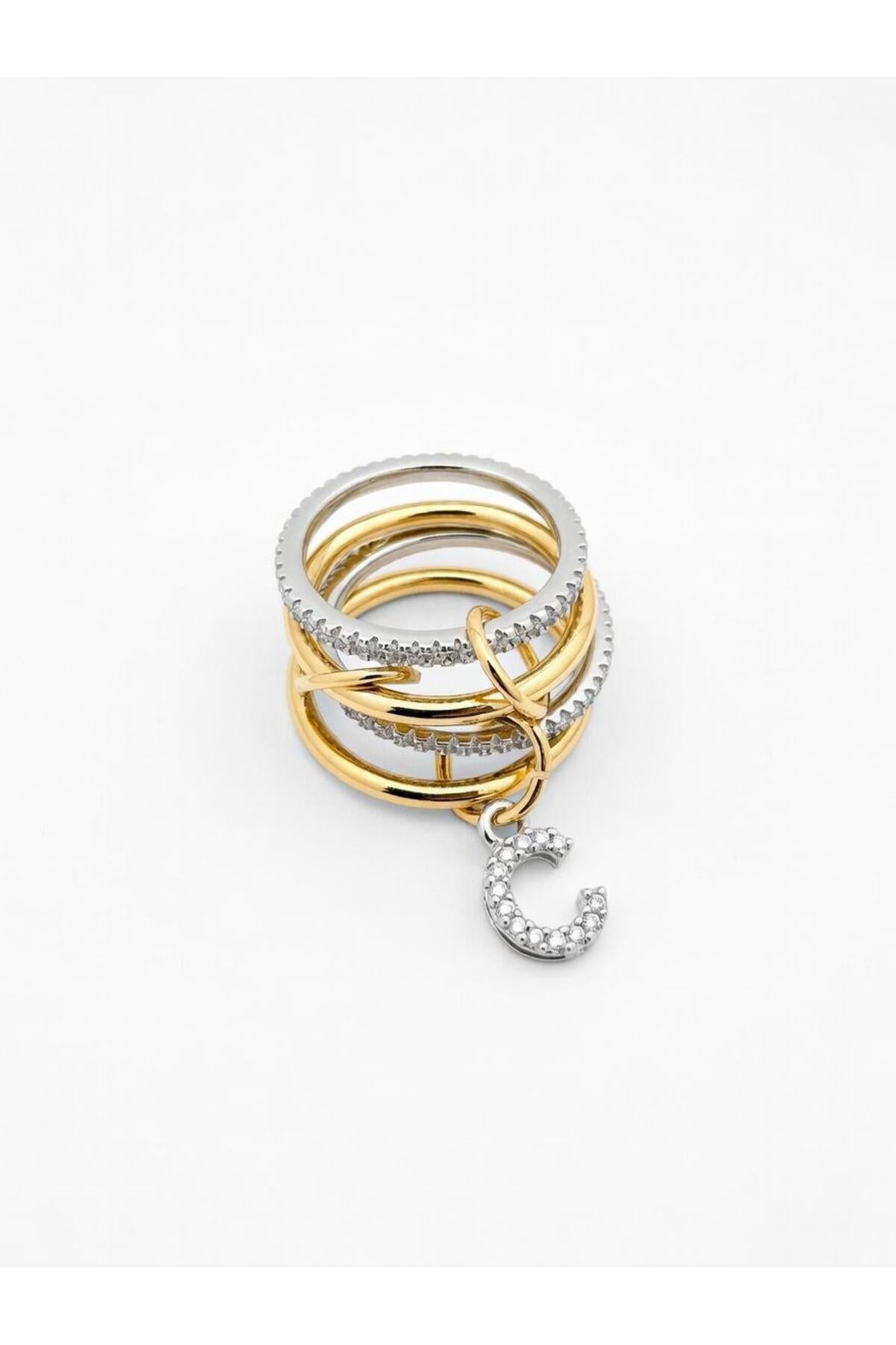 14K Çelik Üzeri Altın Kaplama 4 Sıralı Gold Gümüş Harfli Spiral Yüzük 16(8) Numara