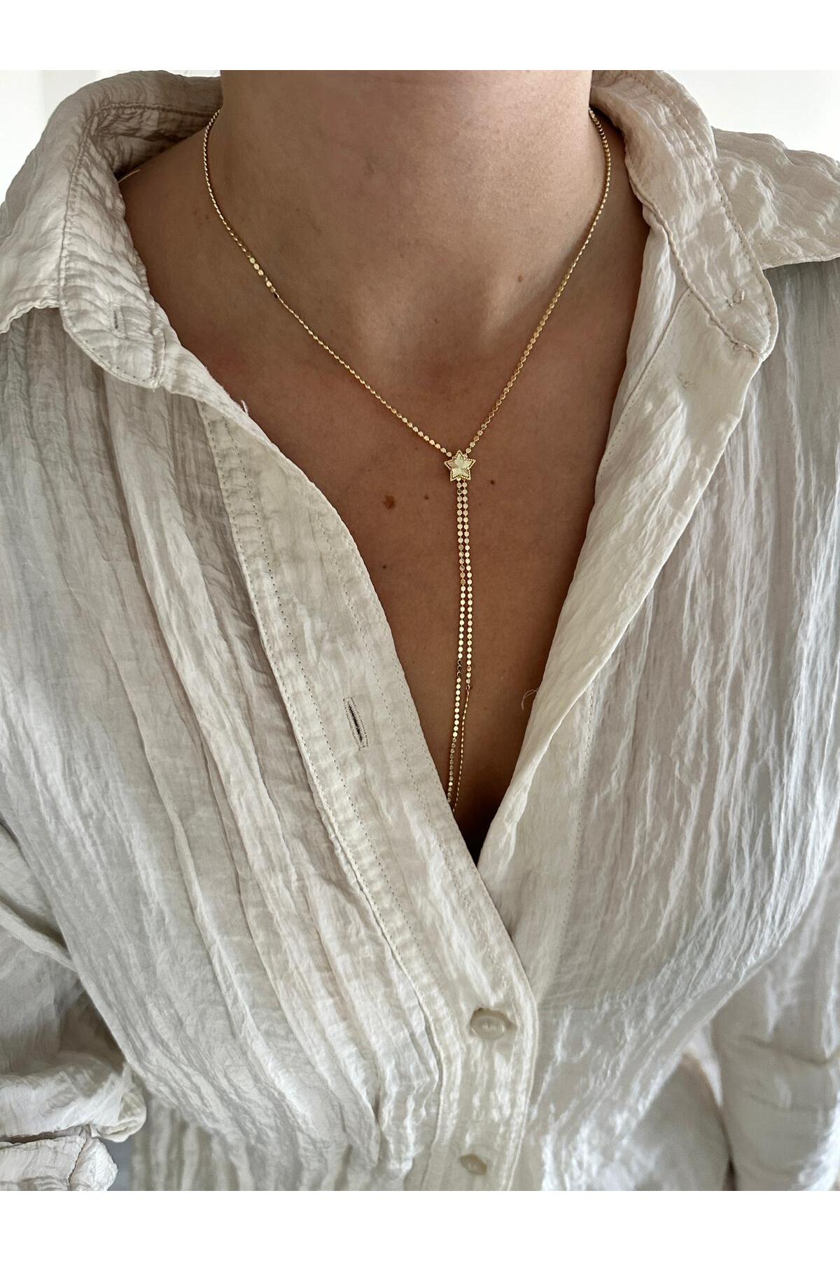 14K Çelik Üzeri Altın Kaplama Ezme Zincir Yıldız Y Kolye