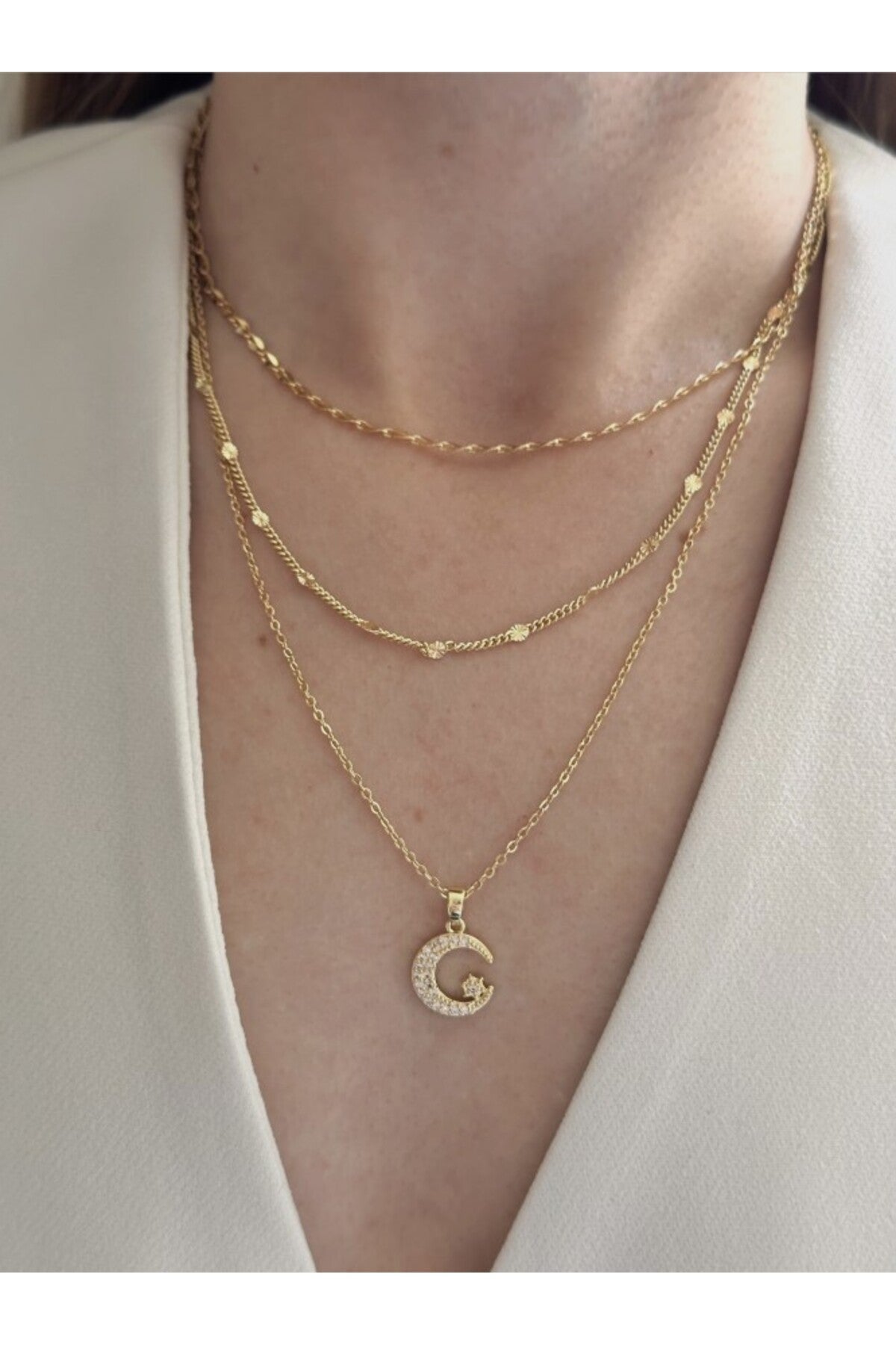 14K Çelik Üzeri Altın Kaplama 3 Lü Kombin Zincir Ay Kolye