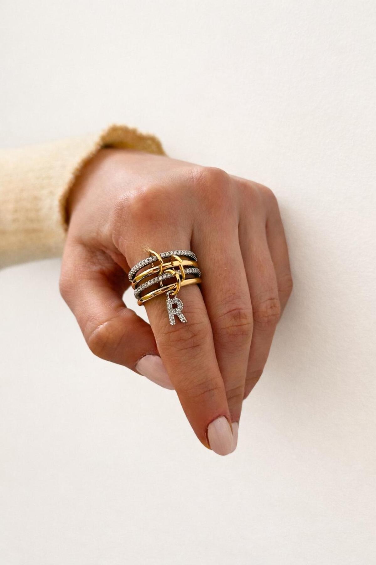 14K Çelik Üzeri Altın Kaplama 4 Sıralı Gold Gümüş Harfli Spiral Yüzük 16(8) Numara