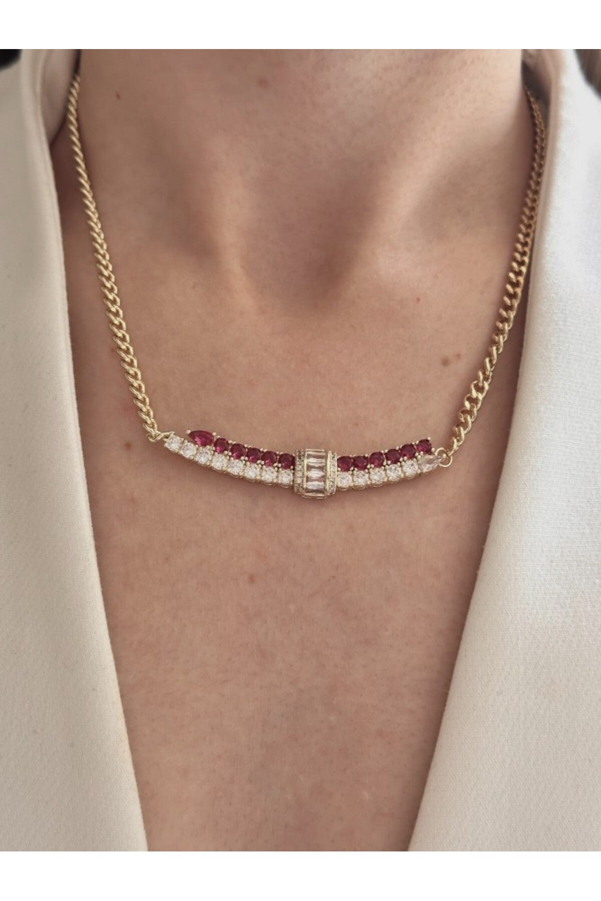 14K Çelik Üzeri Altın Kaplama Çift Renkli Zirkon Taşlı Kolye