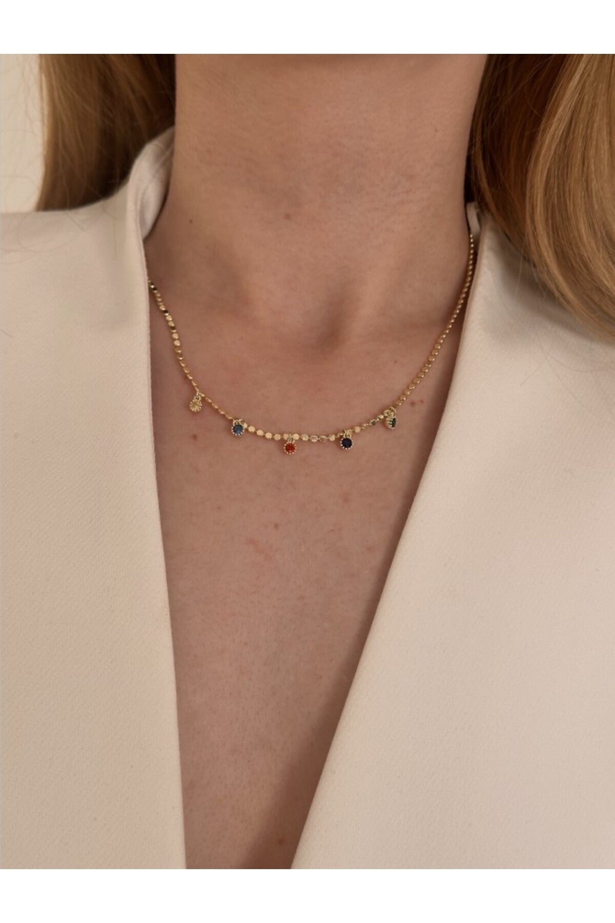 14K Çelik Üzeri Altın Kaplama Ezme Zincir Renkli Taş kolye