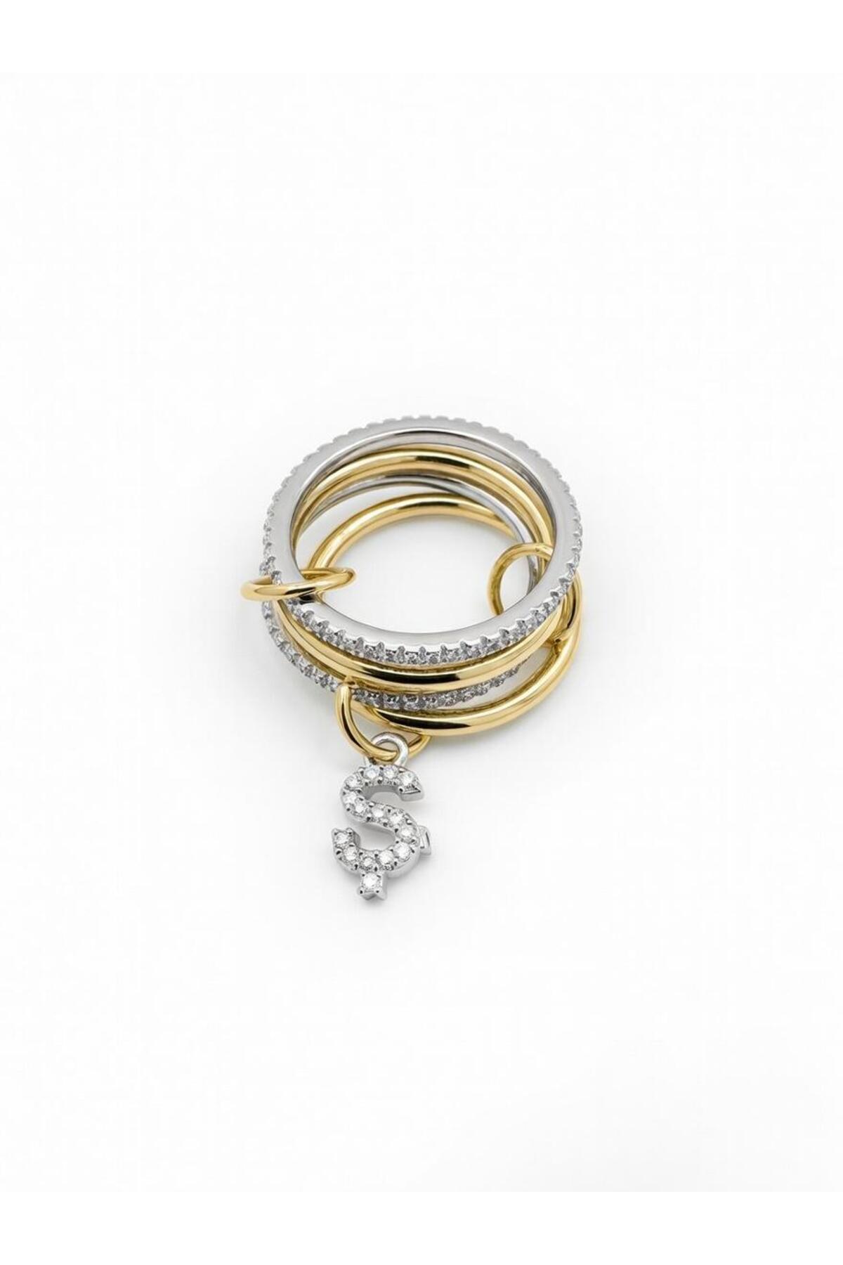 14K Çelik Üzeri Altın Kaplama 4 Sıralı Gold Gümüş Harfli Spiral Yüzük 16(8) Numara