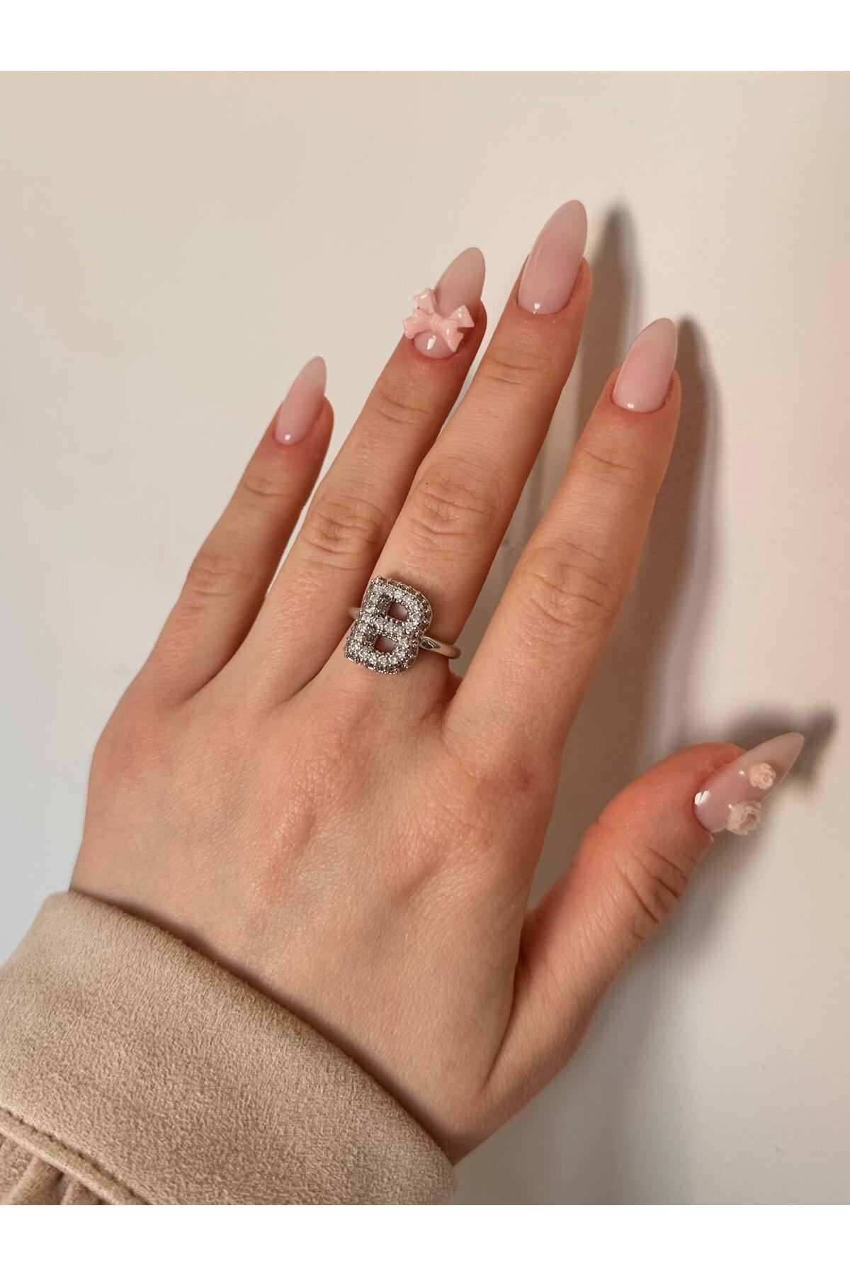 Çelik Üzeri Rodyum Kaplama Harf Yüzük Ayarlanabilir