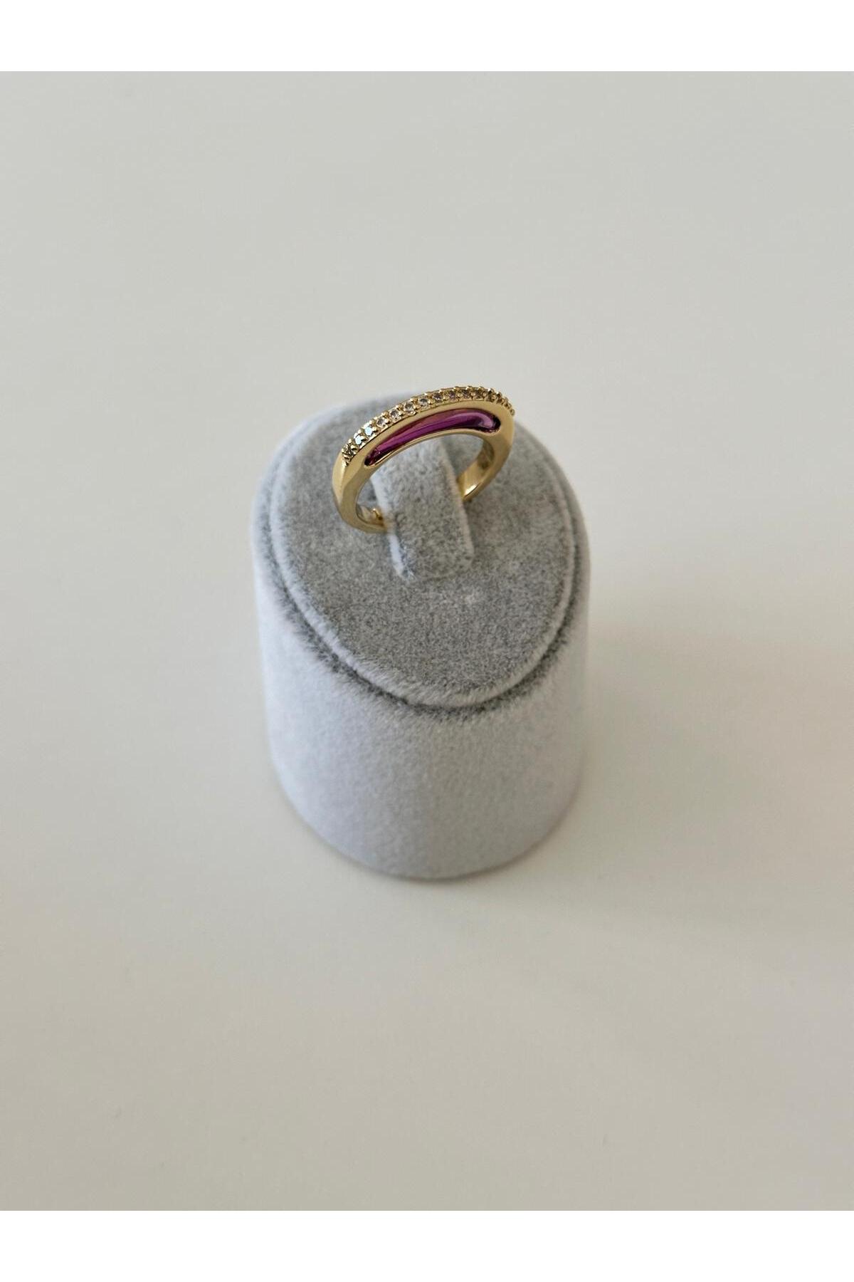 14K Çelik Üzeri Altın Kaplama Zirkon Taşlı Özel Seri Yüzük - Mor