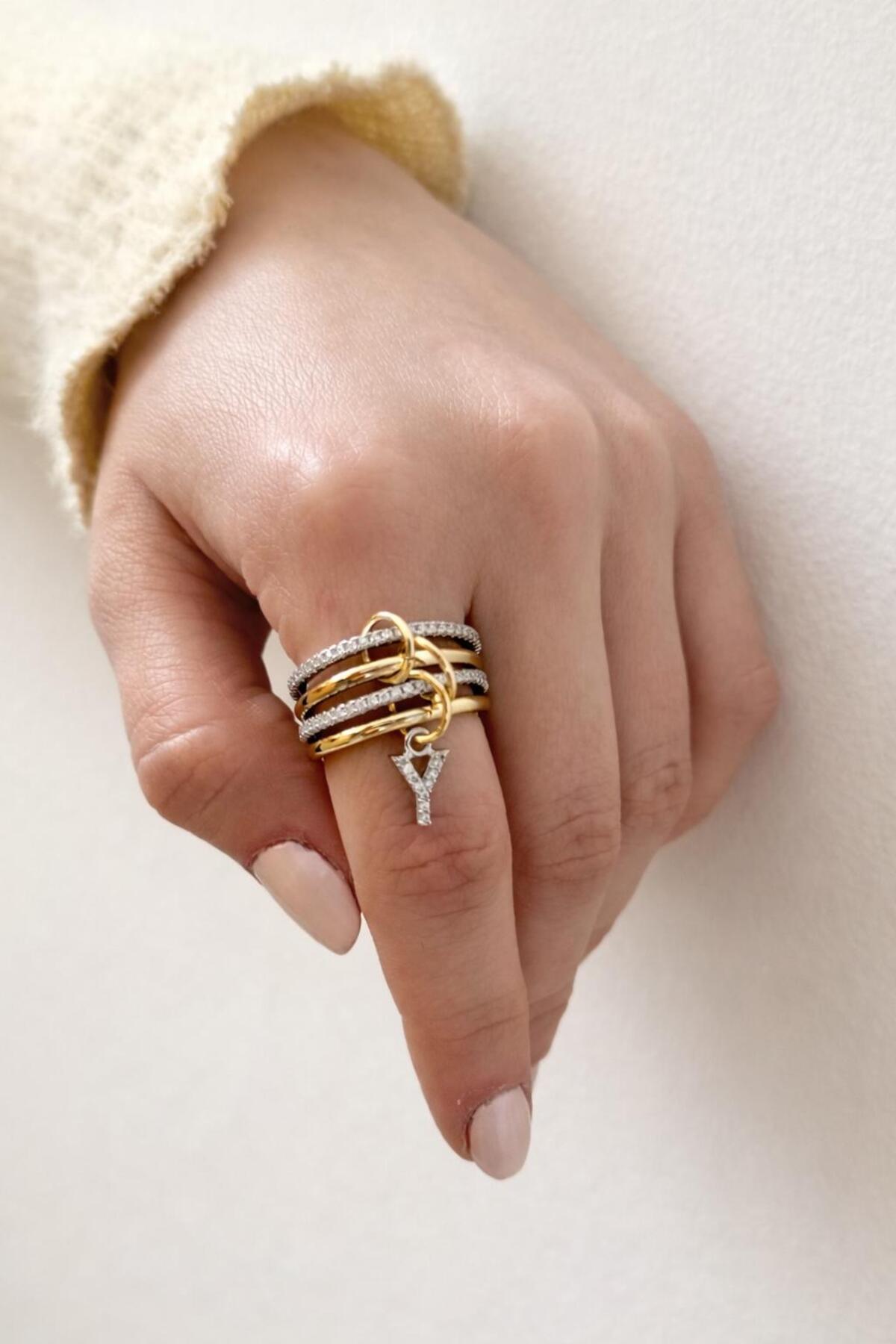 14K Çelik Üzeri Altın Kaplama 4 Sıralı Gold Gümüş Harfli Spiral Yüzük 16(8) Numara