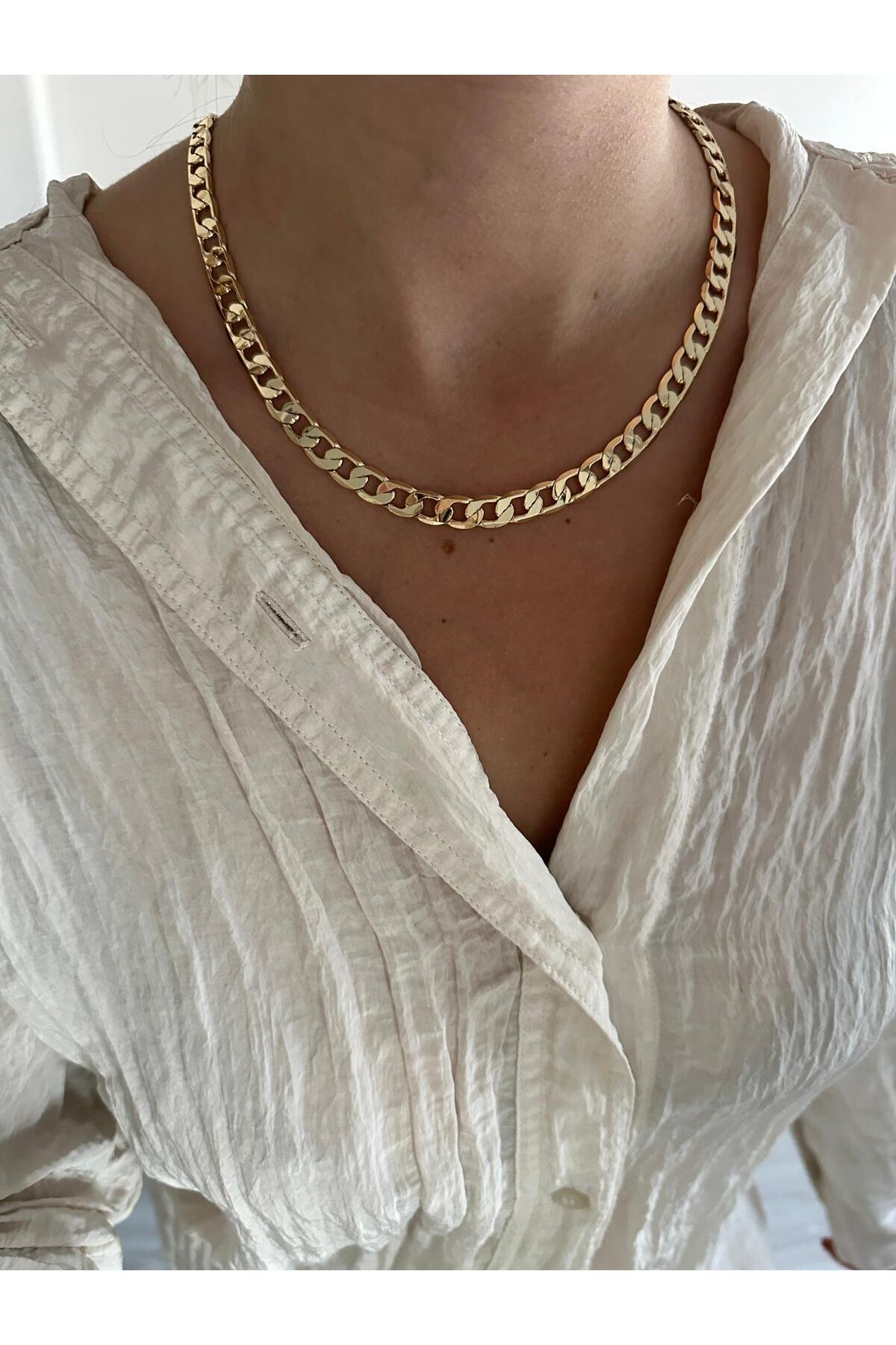 14k Çelik Üzeri Altın Kaplama Yassı İnce Zincir Kolye