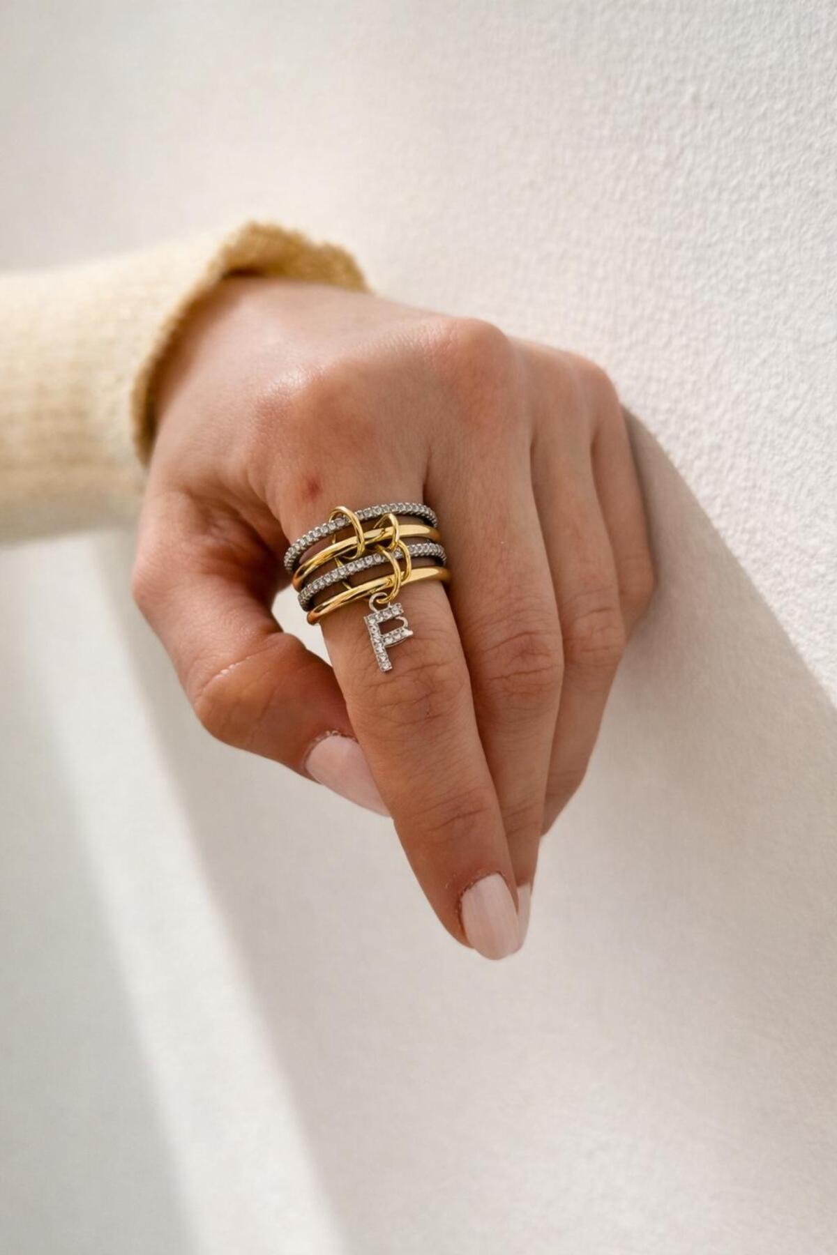 14K Çelik Üzeri Altın Kaplama 4 Sıralı Gold Gümüş Harfli Spiral Yüzük 16(8) Numara