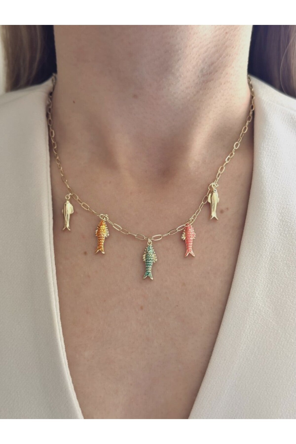 14K Çelik Üzeri Altın Kaplama 5 Li Balık Kolye