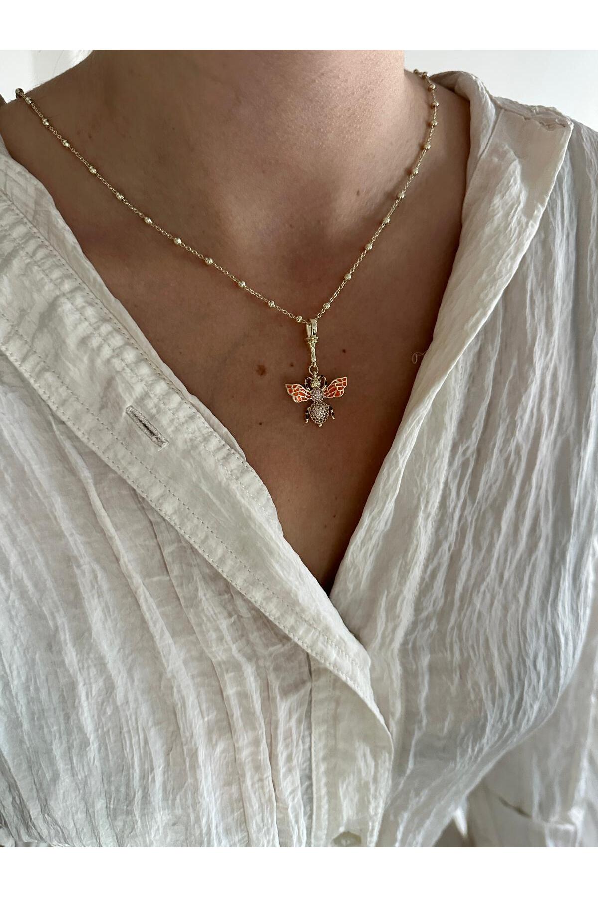 14K Çelik Üzeri Altın Kaplama Turuncu Arı Kolye