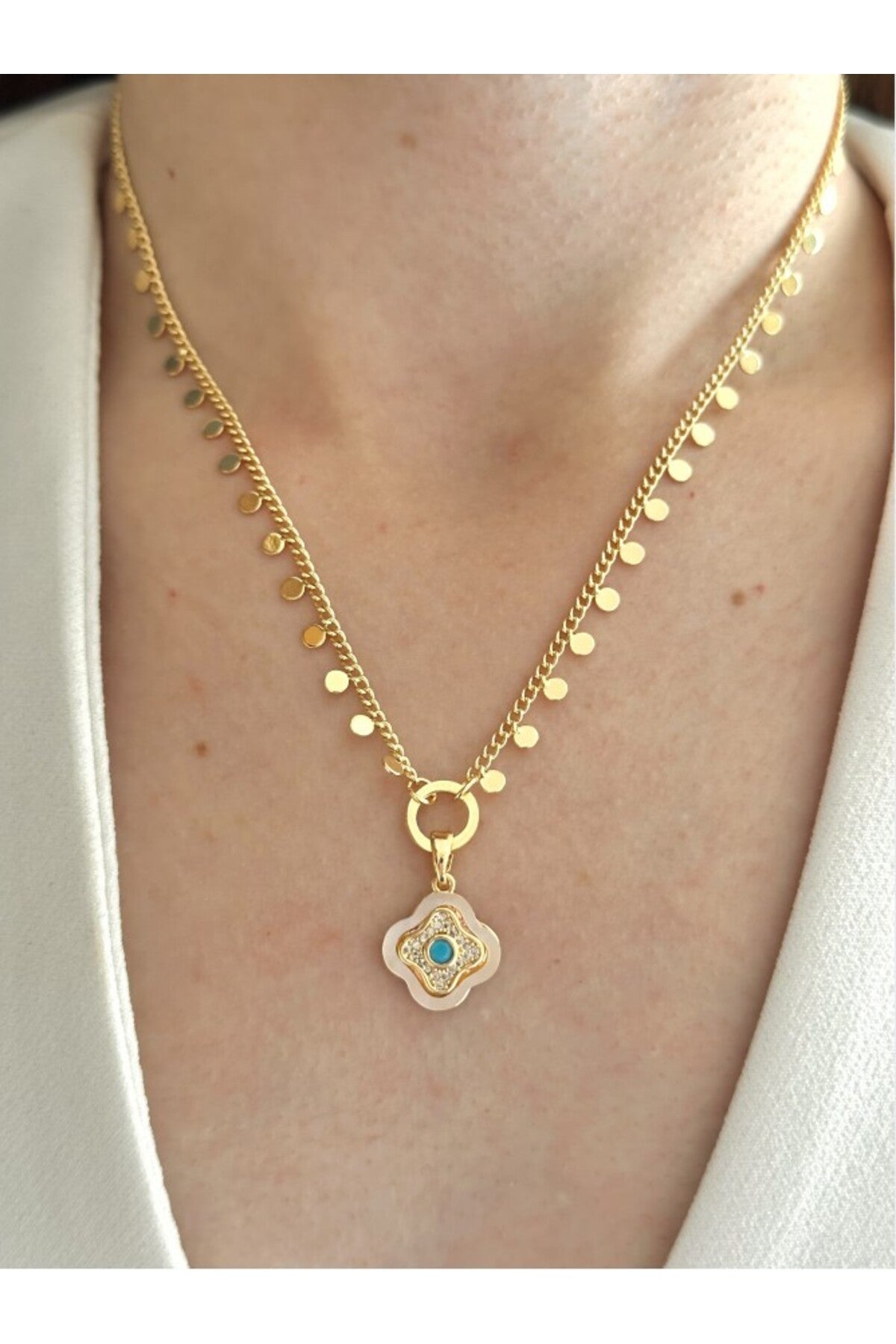 14K Çelik Üzeri Altın Kaplama Pul Zincir Kolye