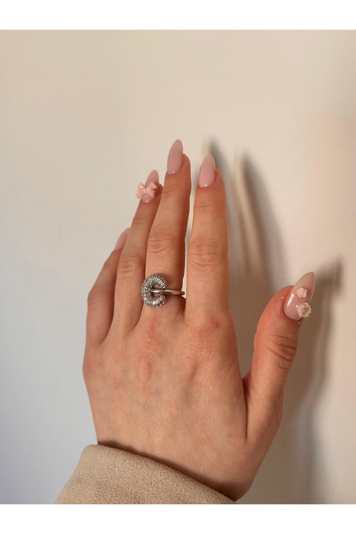 Çelik Üzeri Rodyum Kaplama Harf Yüzük Ayarlanabilir