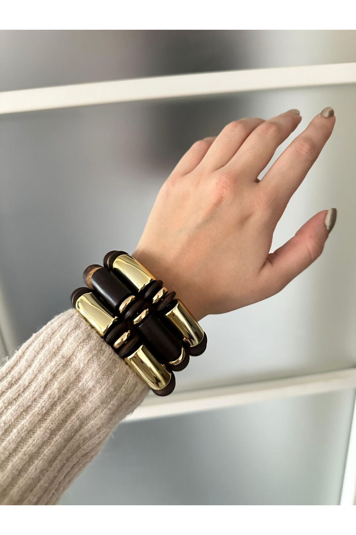 3 Lü AhşapGold Detaylı Bileklik Seti