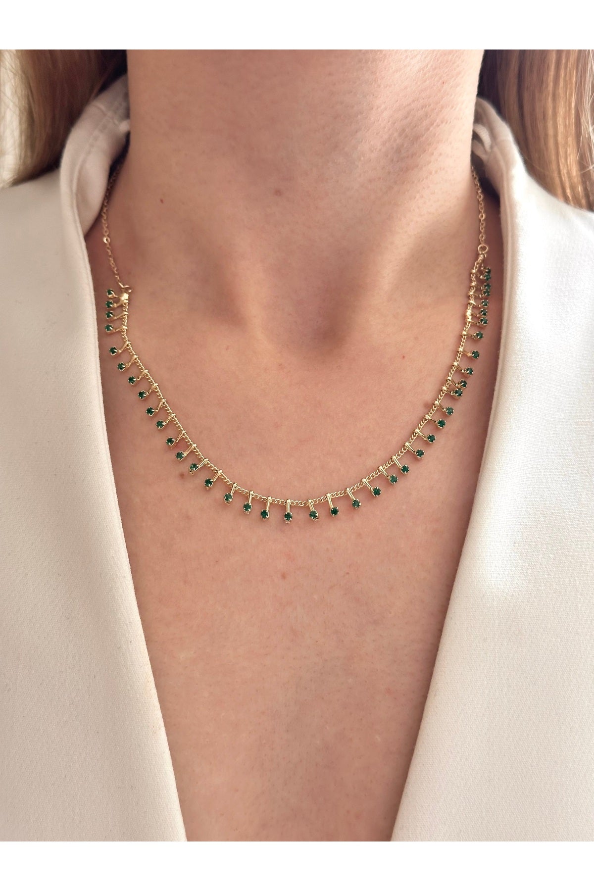 14K Çelik Üzeri Altın Kaplama Yeşil Zirkon Taş Kolye