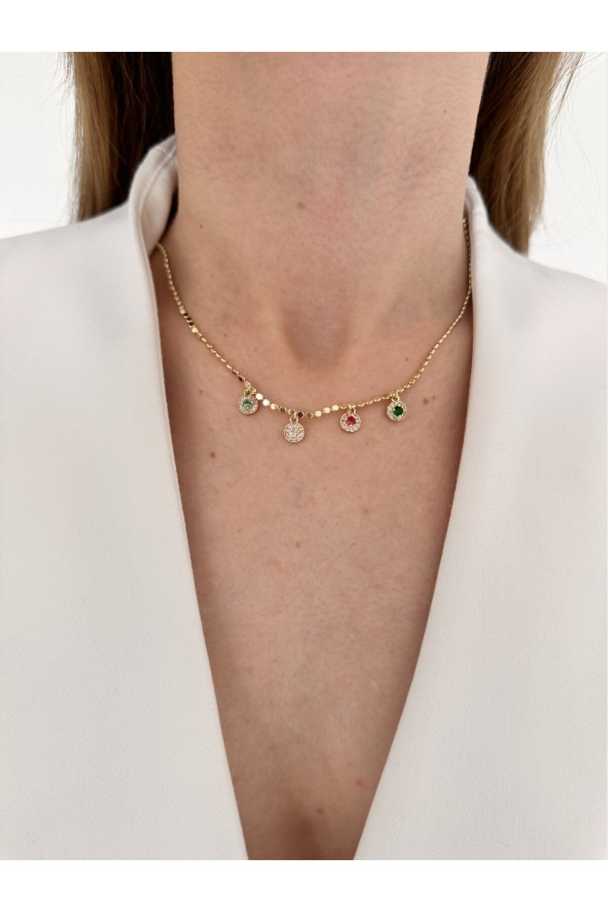 14K Çelik Üzeri Altın Kaplama Ezme Zincir Renkli Yuvarlak Taş Kolye