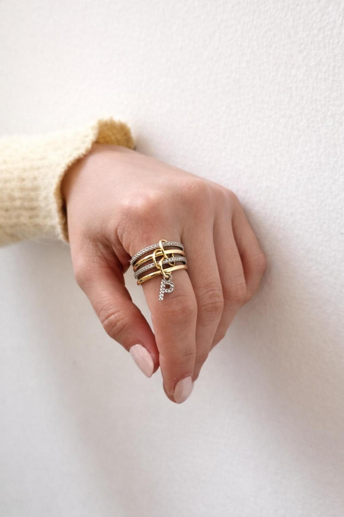 14K Çelik Üzeri Altın Kaplama 4 Sıralı Gold Gümüş Harfli Spiral Yüzük 16(8) Numara