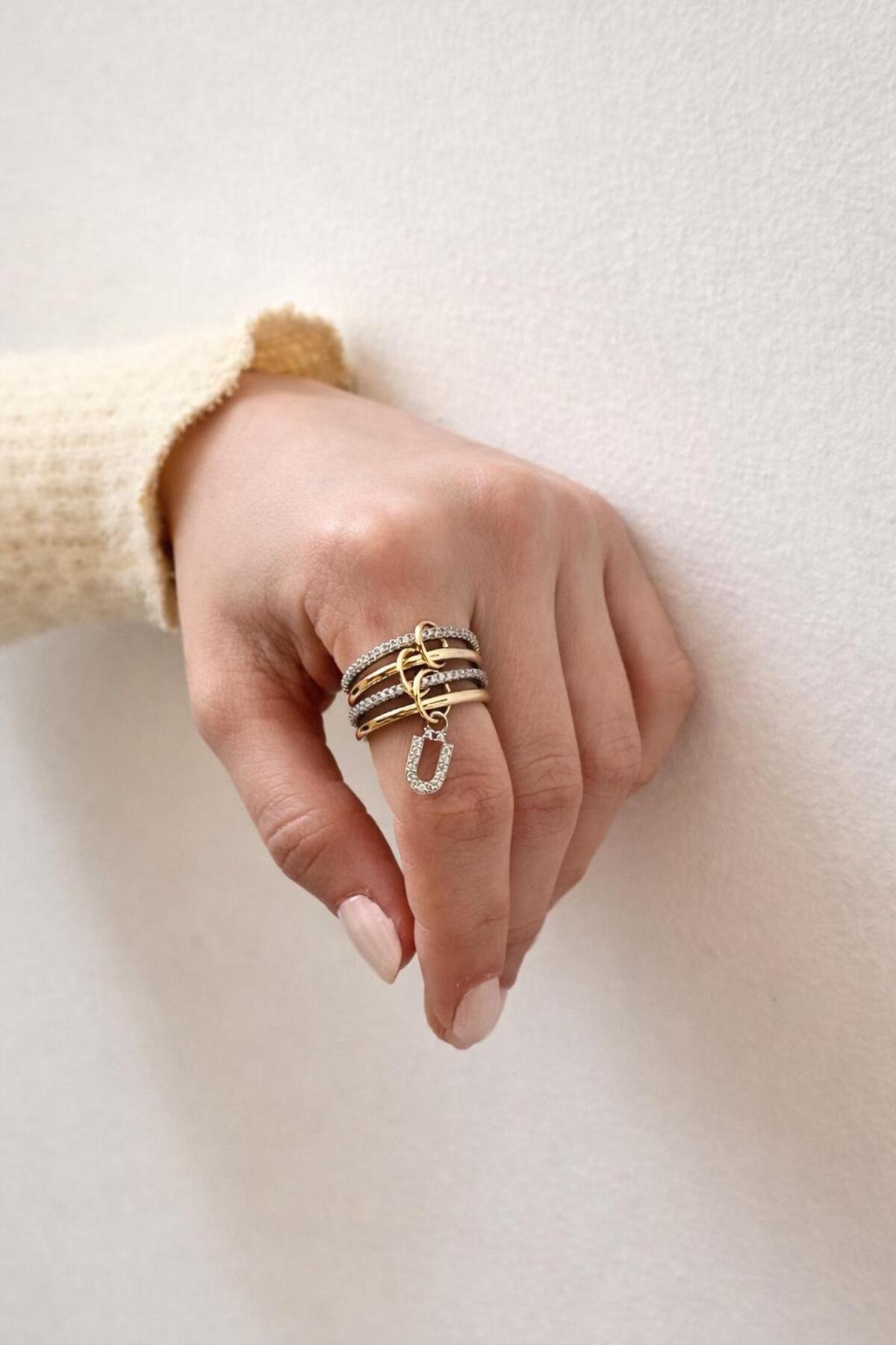 14K Çelik Üzeri Altın Kaplama 4 Sıralı Gold Gümüş Harfli Spiral Yüzük 16(8) Numara