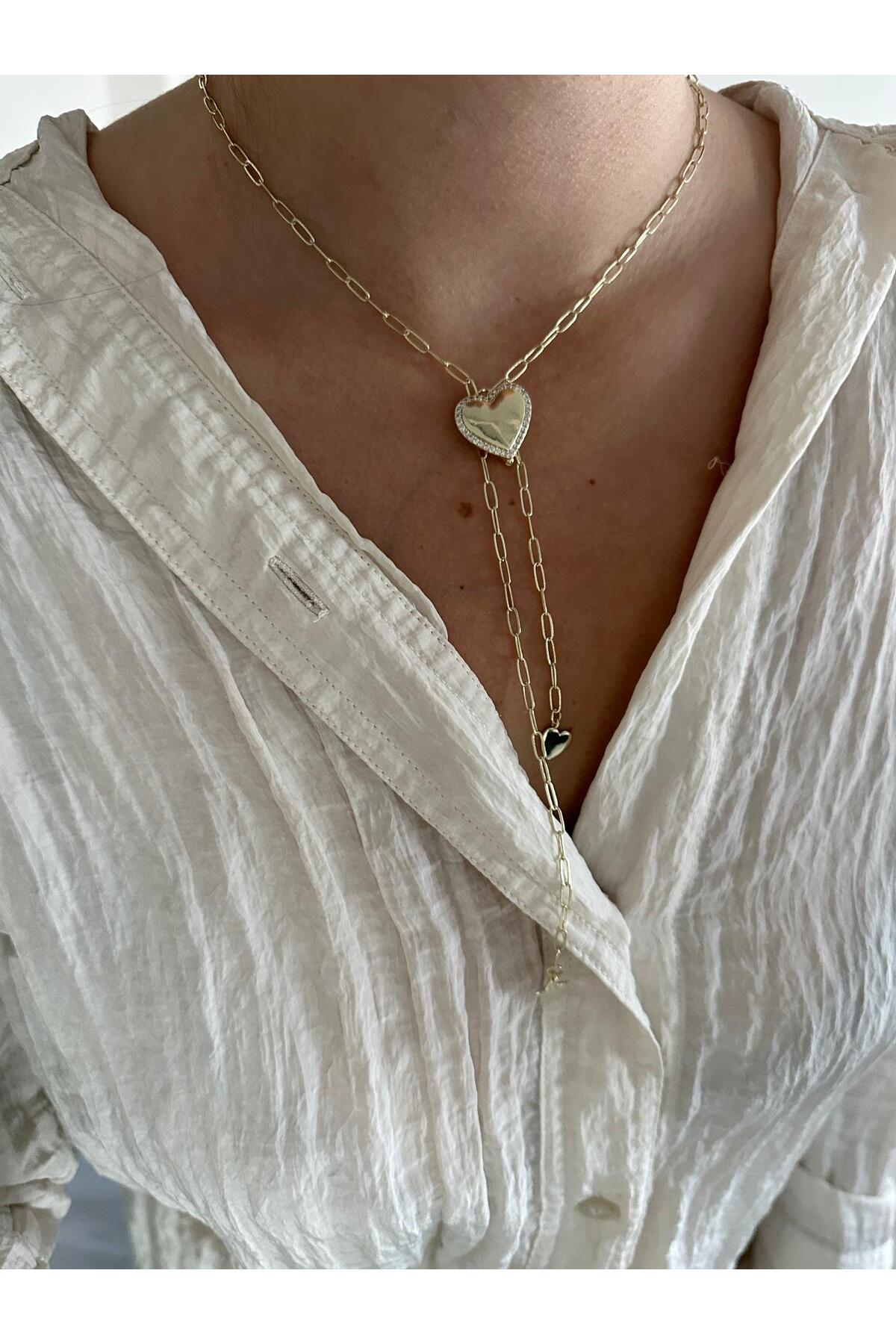 14K Çelik Üzeri Altın Kaplama Zirkon Taş Kalp Y Kolye