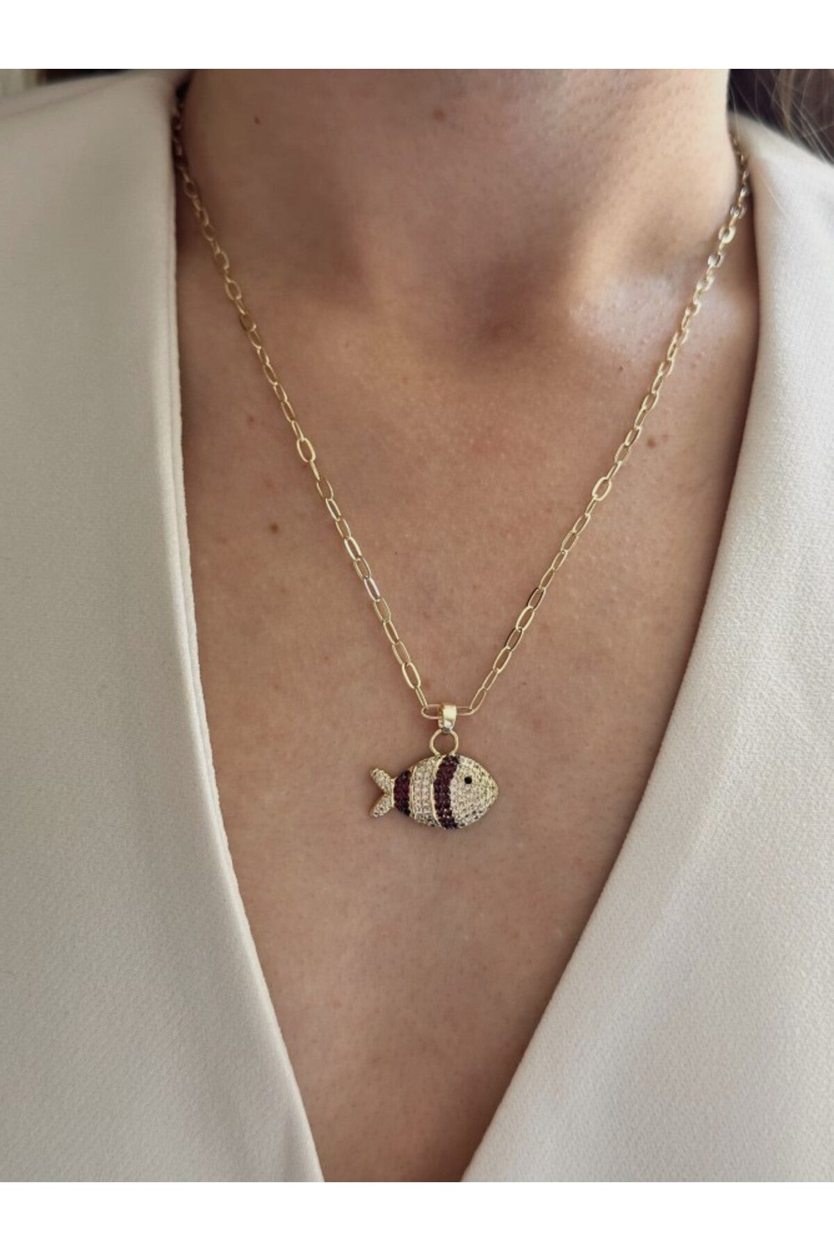 14K Çelik Üzeri Altın Kaplama Renkli Zirkon Taşlı Vip Balık Kolye