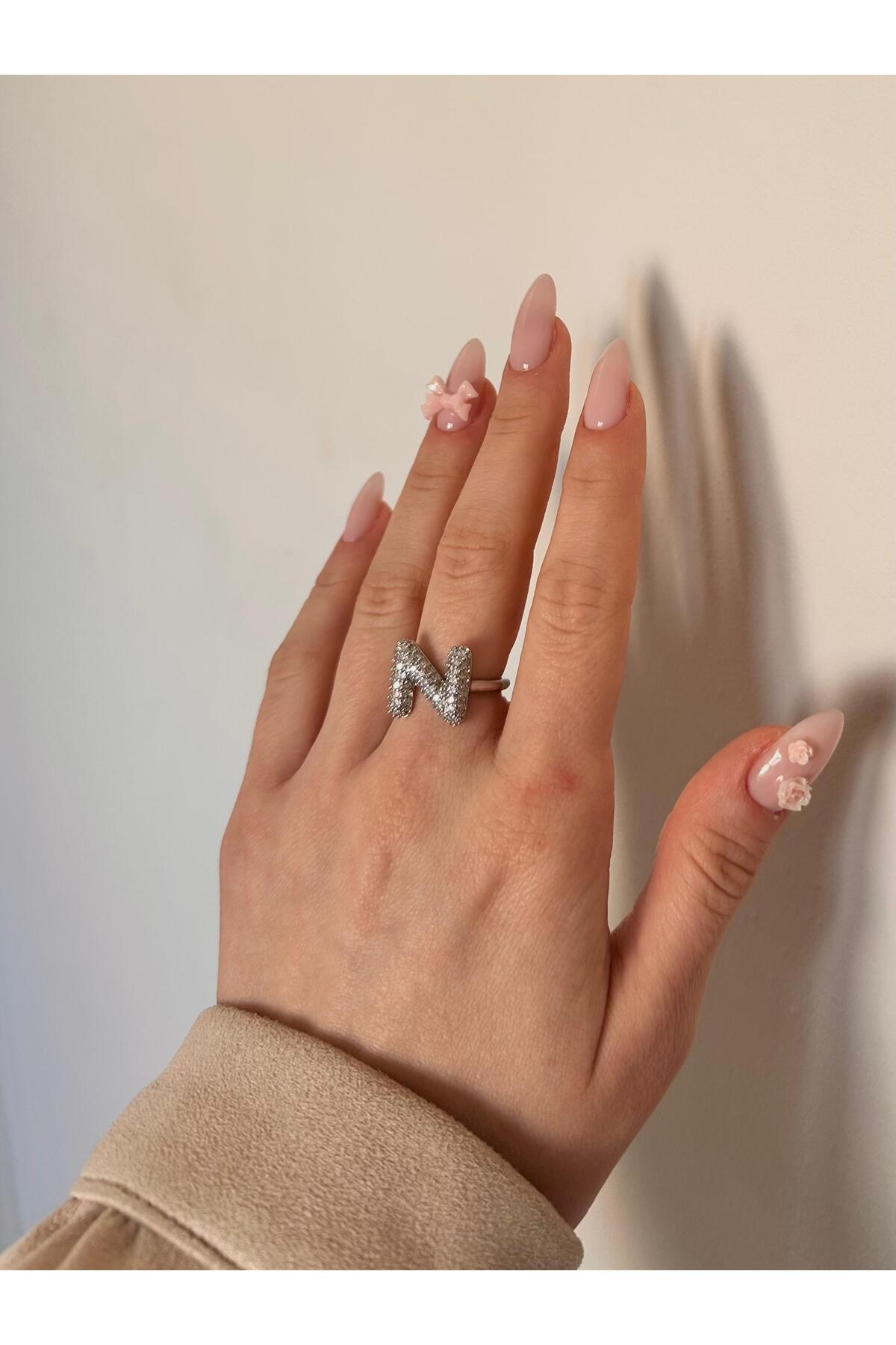 Çelik Üzeri Rodyum Kaplama Harf Yüzük Ayarlanabilir