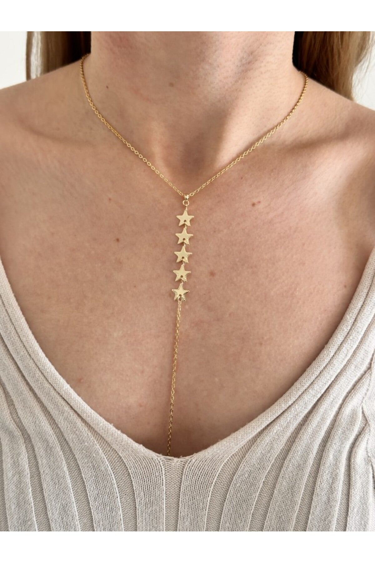 14K Çelik Üzeri Altın Kaplama 4 Lü Yıldız Y Kolye