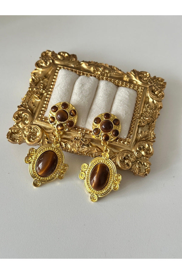 Çelik gold kaplan gözü vintage küpe