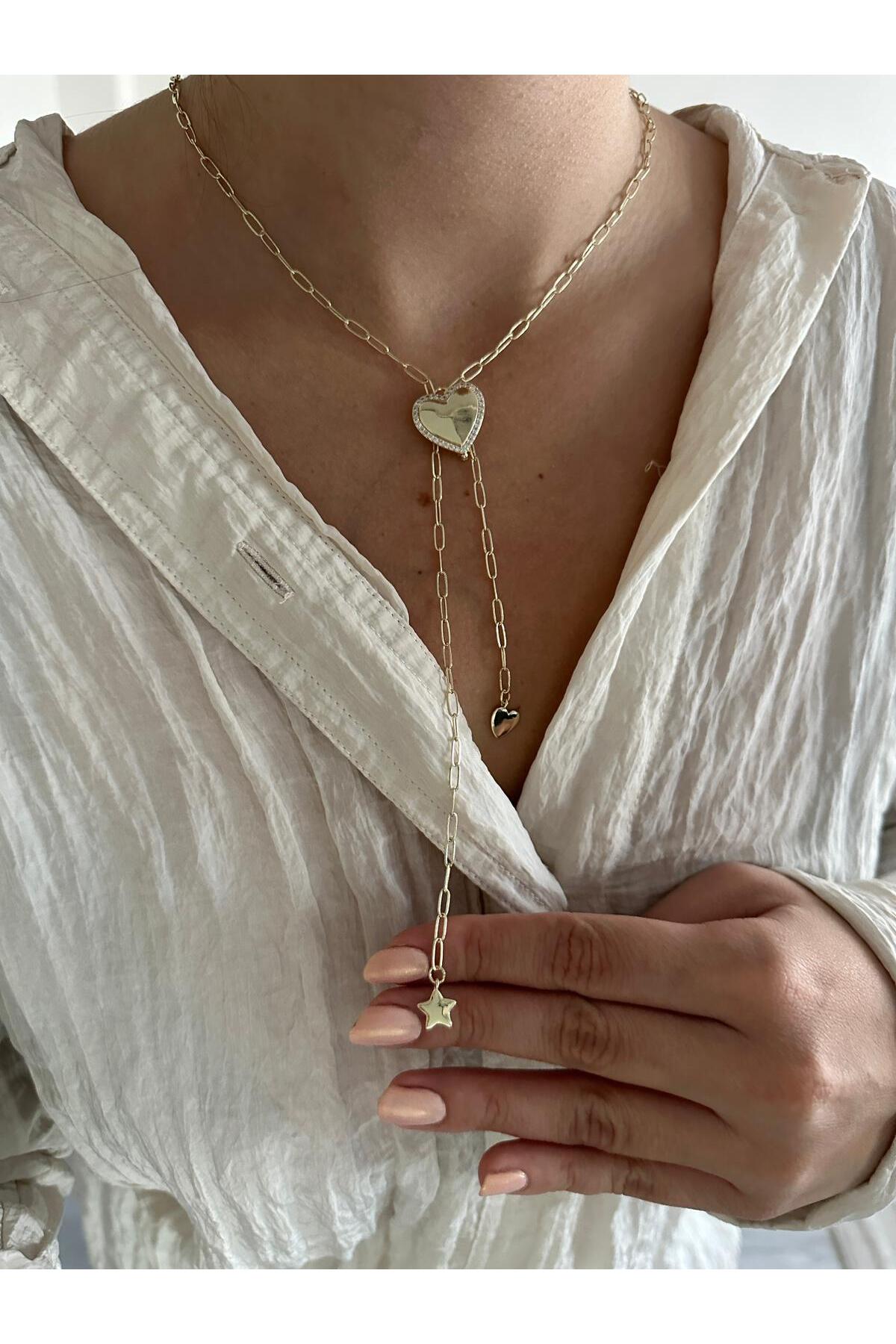 14K Çelik Üzeri Altın Kaplama Kalp Y Kolye