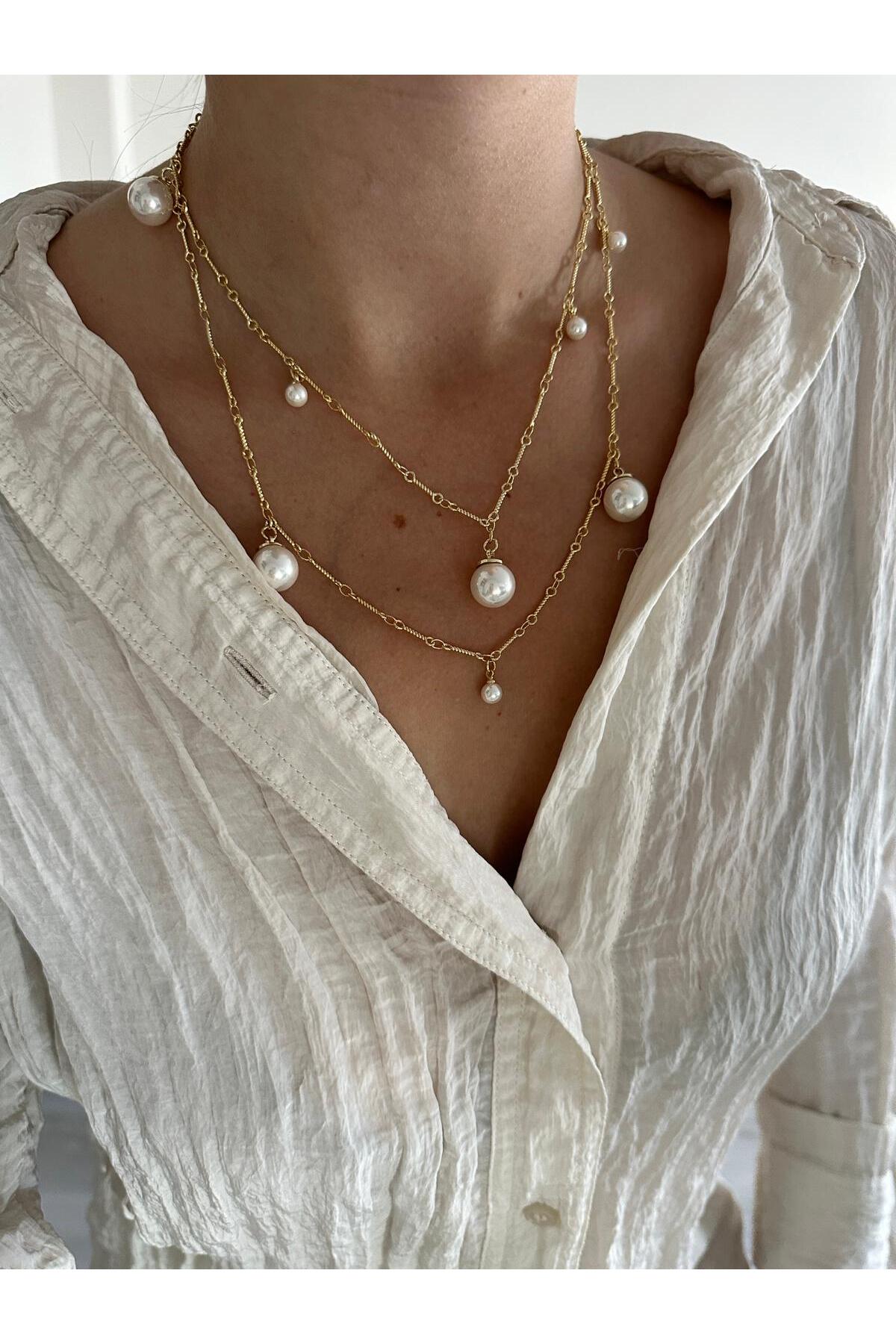 14K Altın Kaplama 90 Cm Özel Seri İnci Kolye