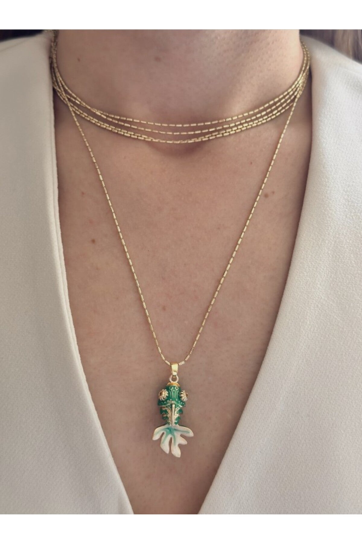 14K Çelik Üzeri Altın Kaplama 5li Zincir Koi Balığı Kolye