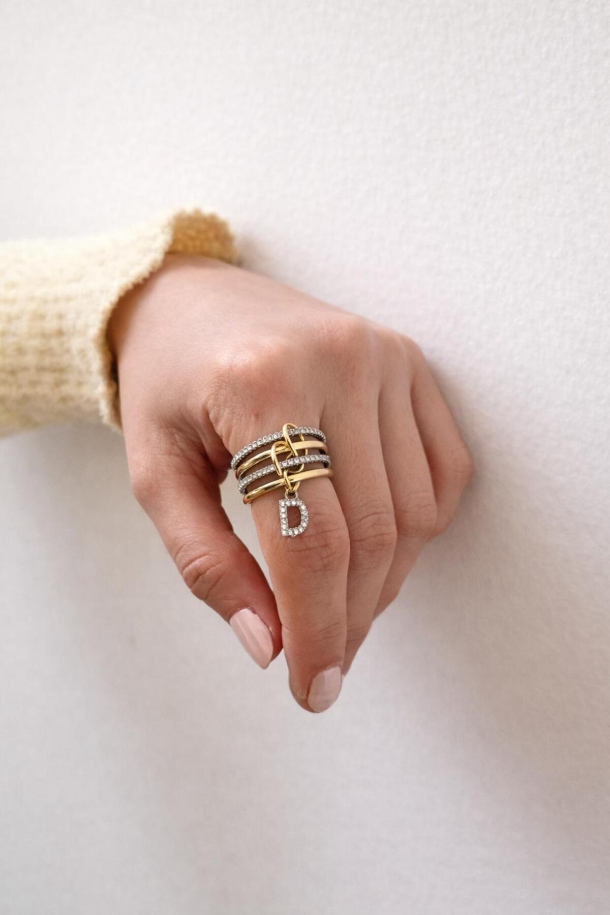 14K Çelik Üzeri Altın Kaplama 4 Sıralı Gold Gümüş Harfli Spiral Yüzük 16(8) Numara