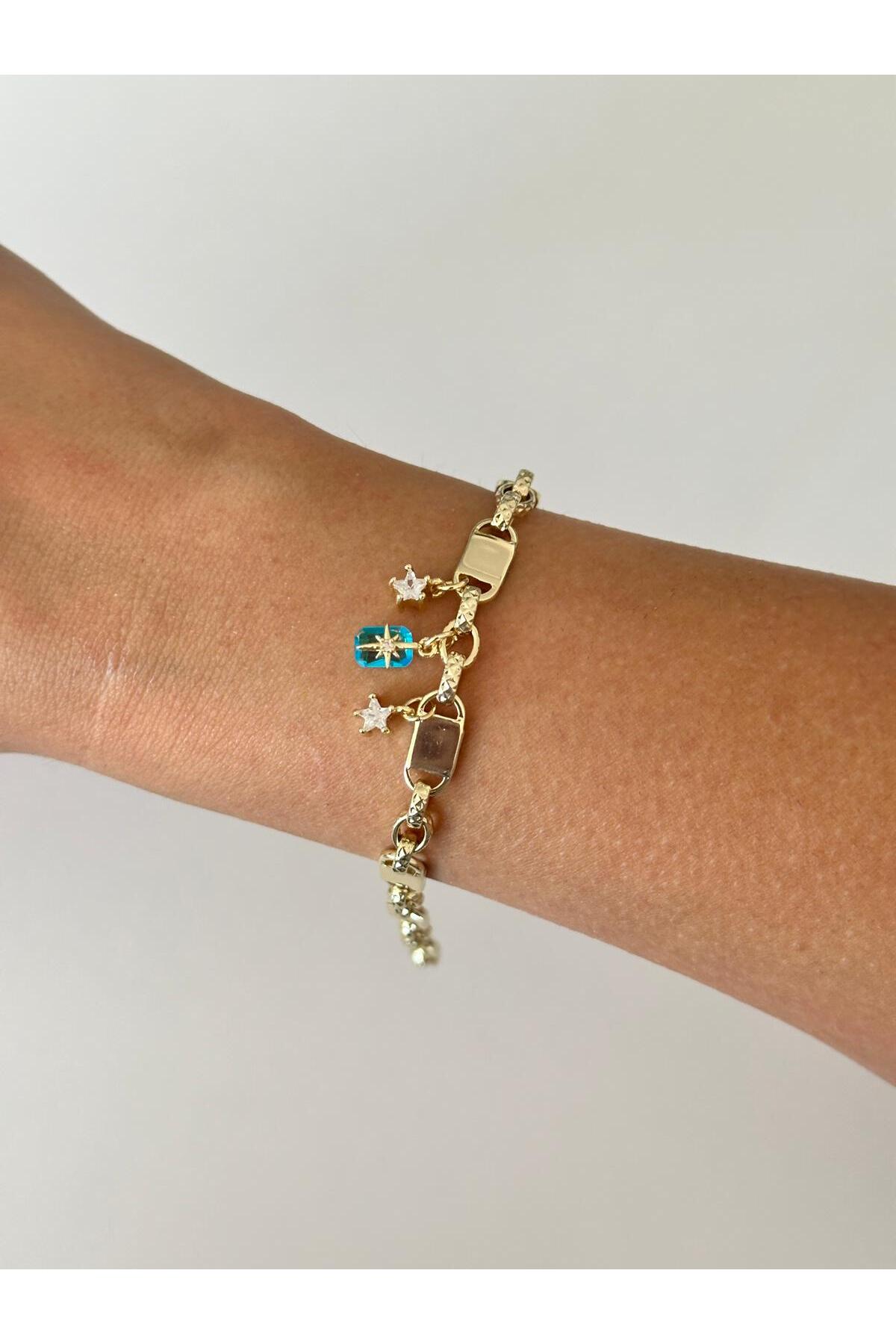 14K Çelik Üzeri Altın Kaplama Mavi Yıldız Çift Zincir Bileklik