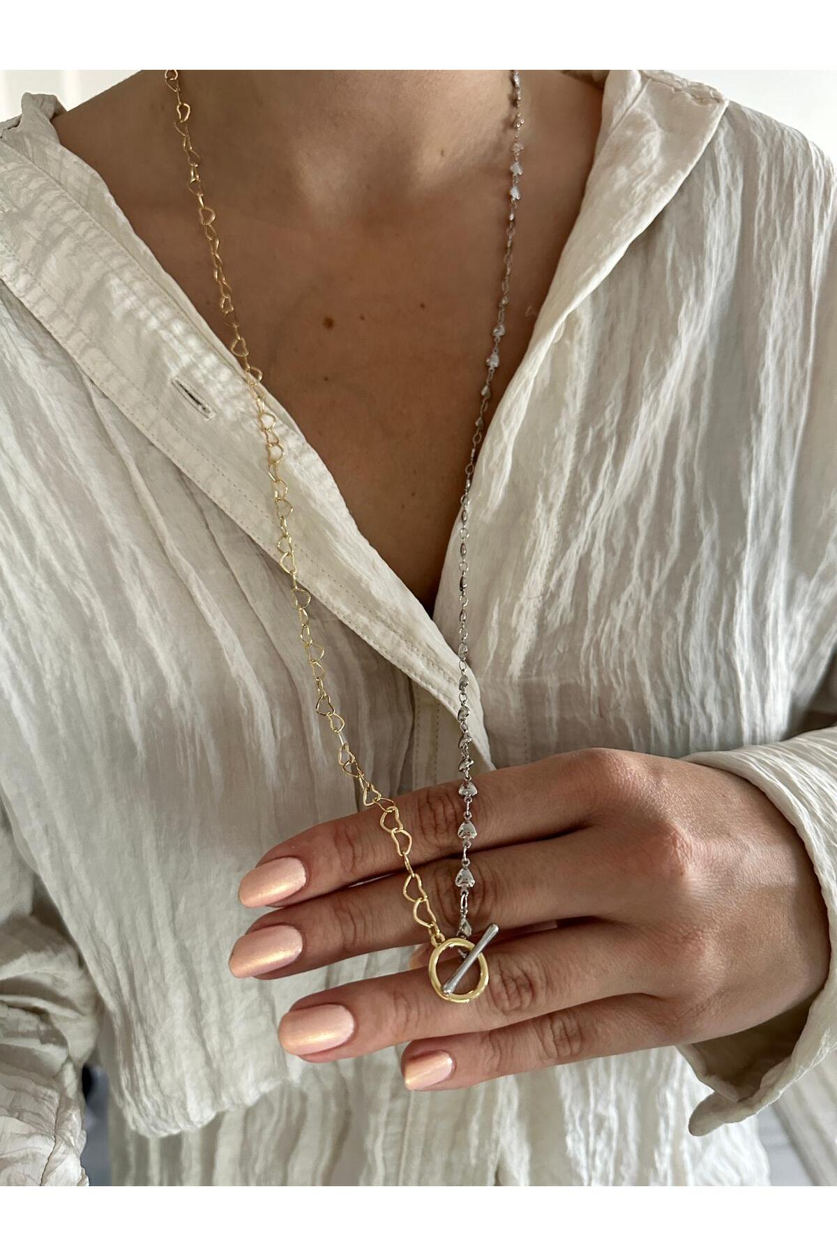 14K Altın Kaplama Kalp Detay 60 Cm Ve Y kolye