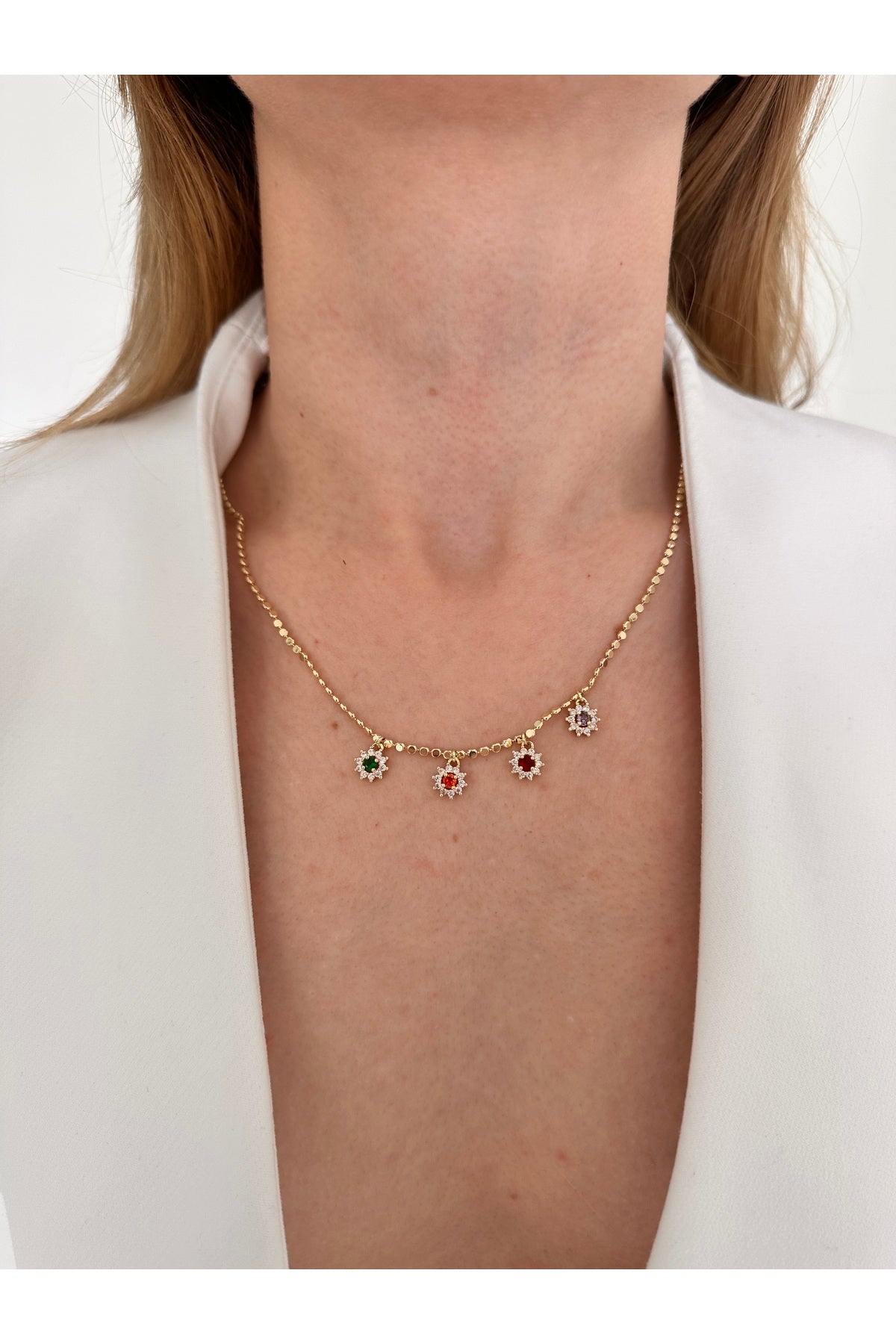 14K Çelik Üzeri Altın Kaplama Renkli Zirkon Taşlı Ezme Zincir Kolye